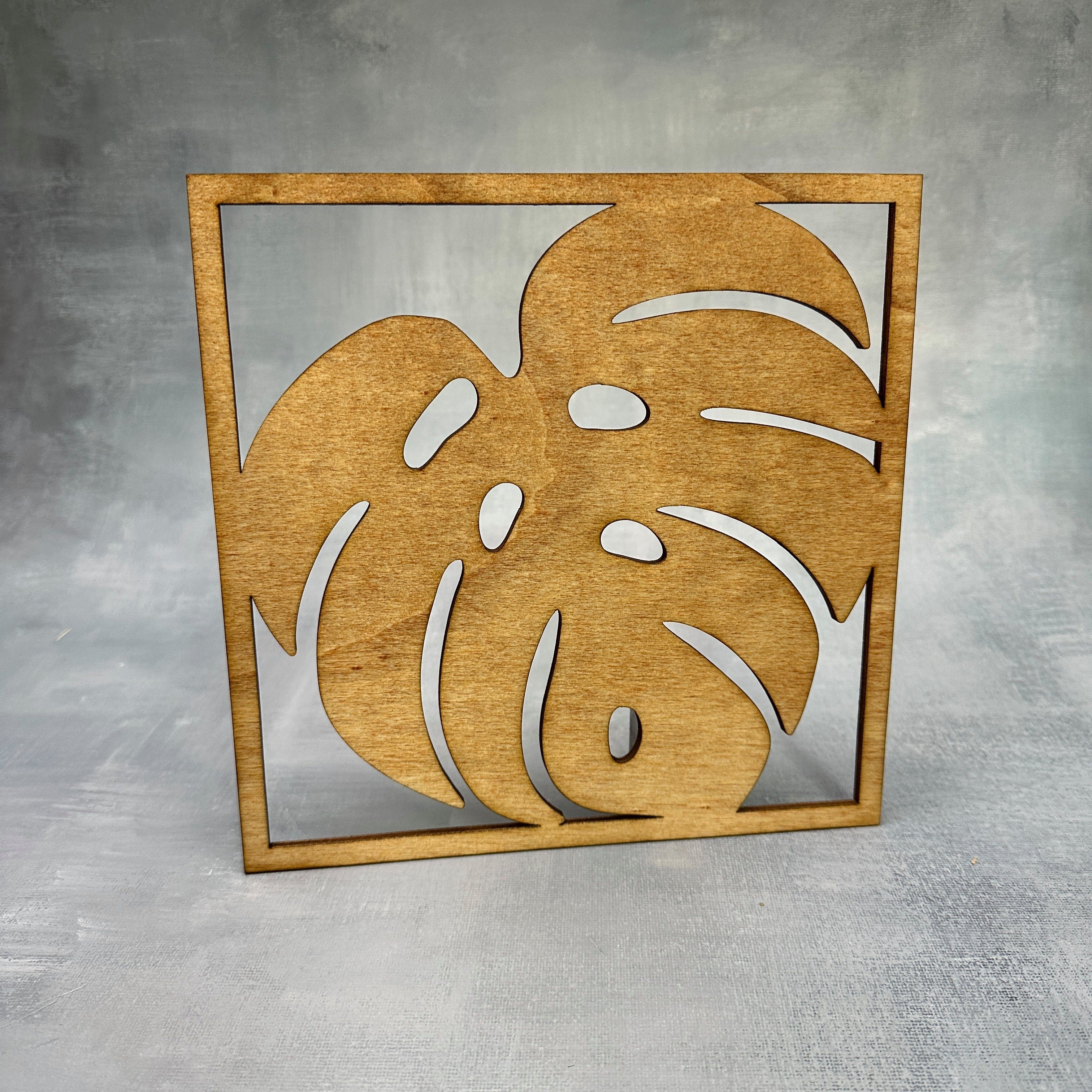 naturbelassen Monstera Palmenblatt Dekoration, Wandbild lackiert Philodendron Holz WoodFriends Wandbild aus Holz