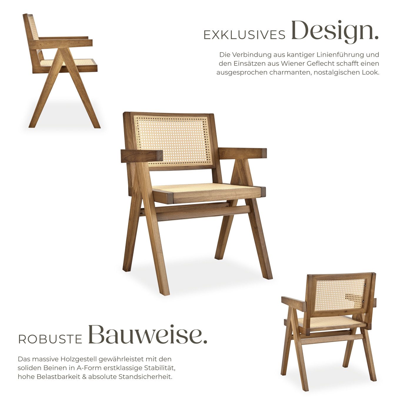 tectake Esszimmerstuhl Armlehnstuhl im Boho-Stil, 59 x 56,5 x 82,5 cm, Belastbarkeit 120 kg (Sessel Lissy in Eiche hell, 1 St), große Rückenlehne und Sitzfläche – Bild 3 von 5