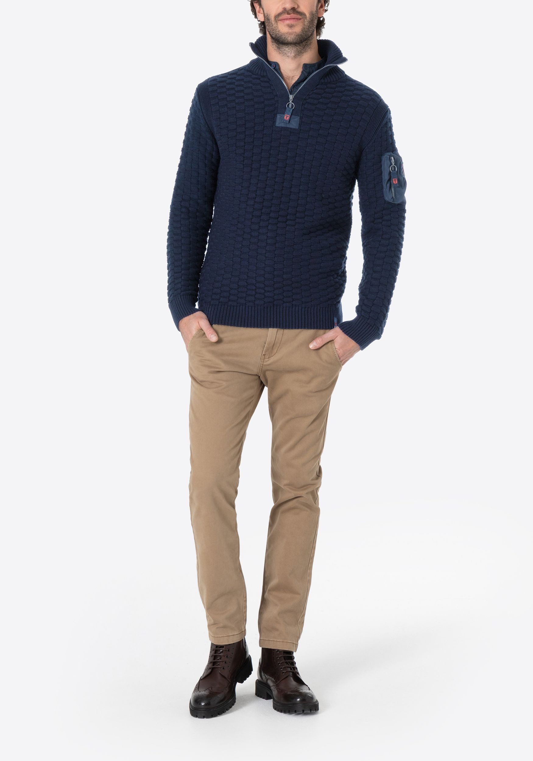 TIMEZONE Strickpullover Strickpullover 3D-Schachbrettmuster Ärmeltasche Heavy Knit Seamans Troyer