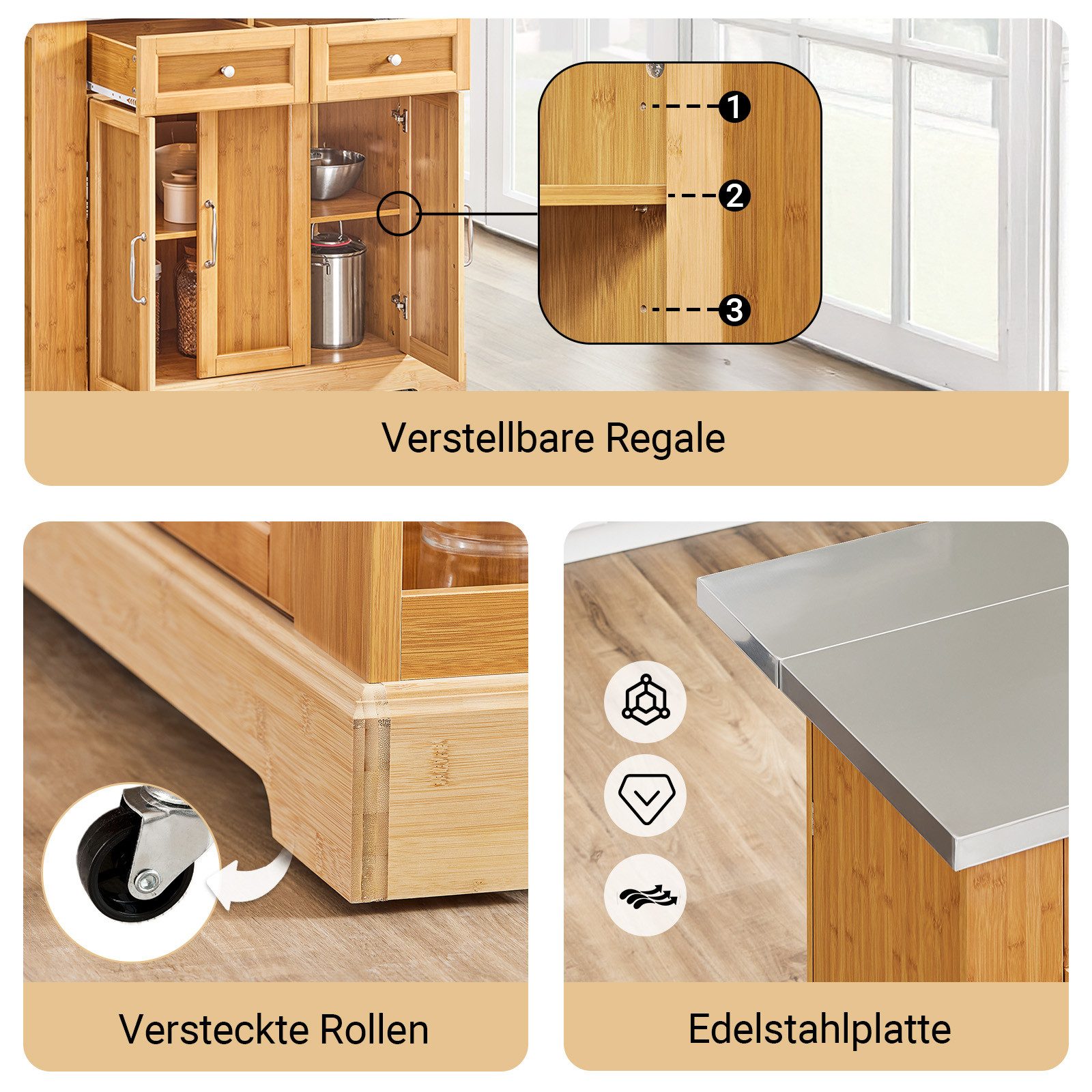 SoBuy Küchenwagen FKW130, Kücheninsel auf Rollen Servierwagen Rollwagen Barwagen, Buffetschrank Mehrzweckschrank, für Küche, Esszimmer, Frühstücksbar
