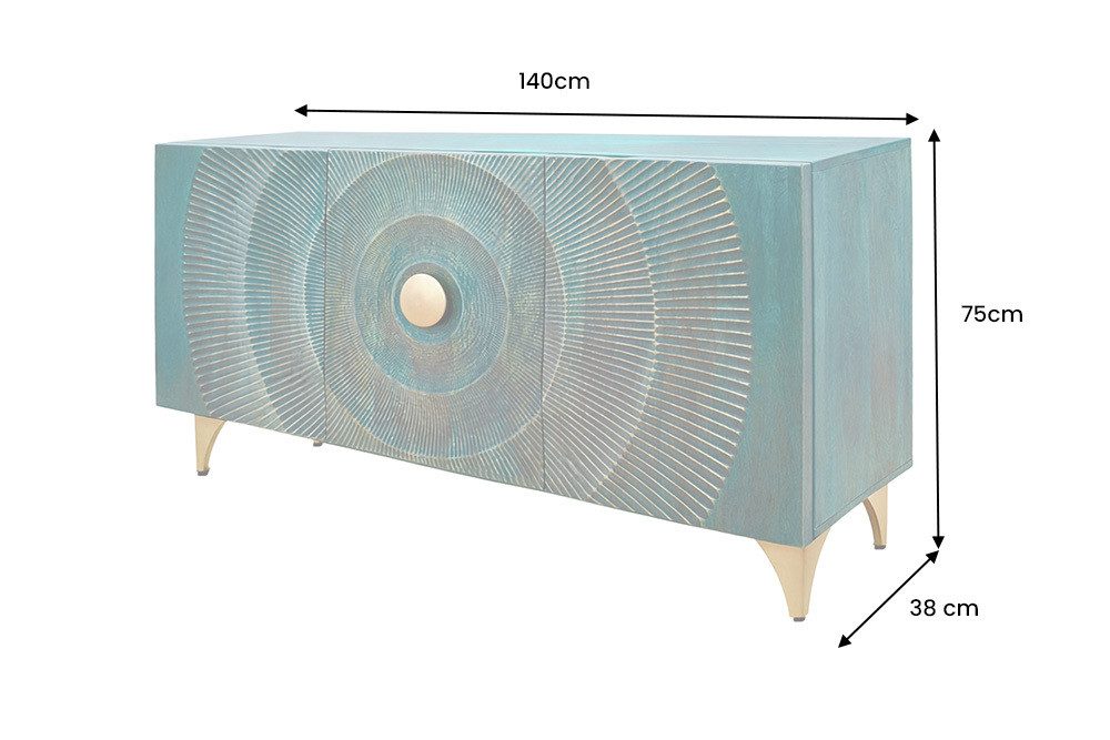 riess-ambiente Sideboard GOLDEN SUNSET 140cm türkis/gold - Massivholz, 3D-Front, Soft-Close (Einzelartikel, 1 St), handgefertigt mit viel Stauraum – ideal für Wohnzimmer & Esszimmer