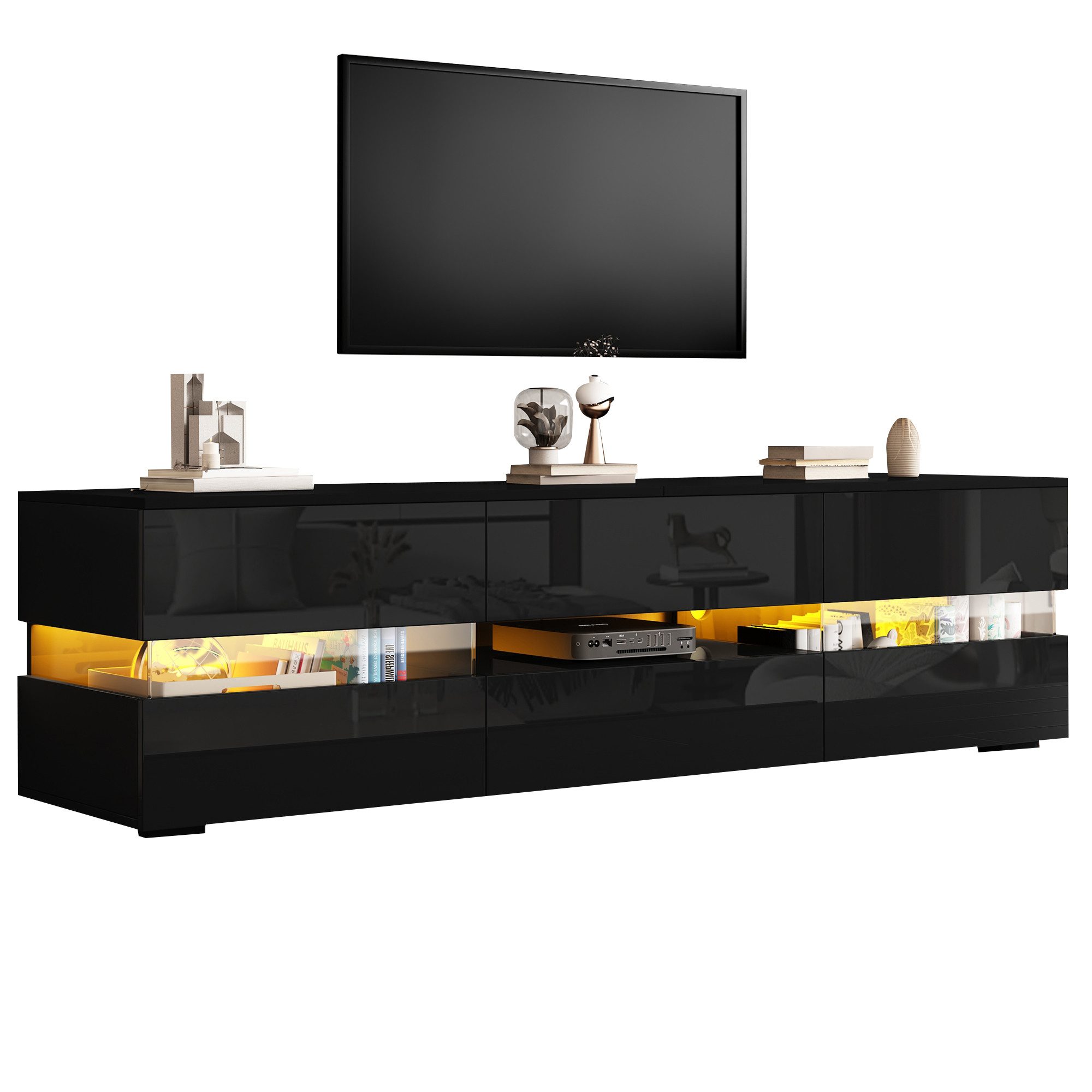 Merax Lowboard Hochglanz mit LED-Beleuchtung & Push-to-Open (für Fernseher bis 70 Zoll, 1 St), TV-Schrank mit 2 Türen, 1 Schublade & Acrylglaseinsatz, 160x39x45cm