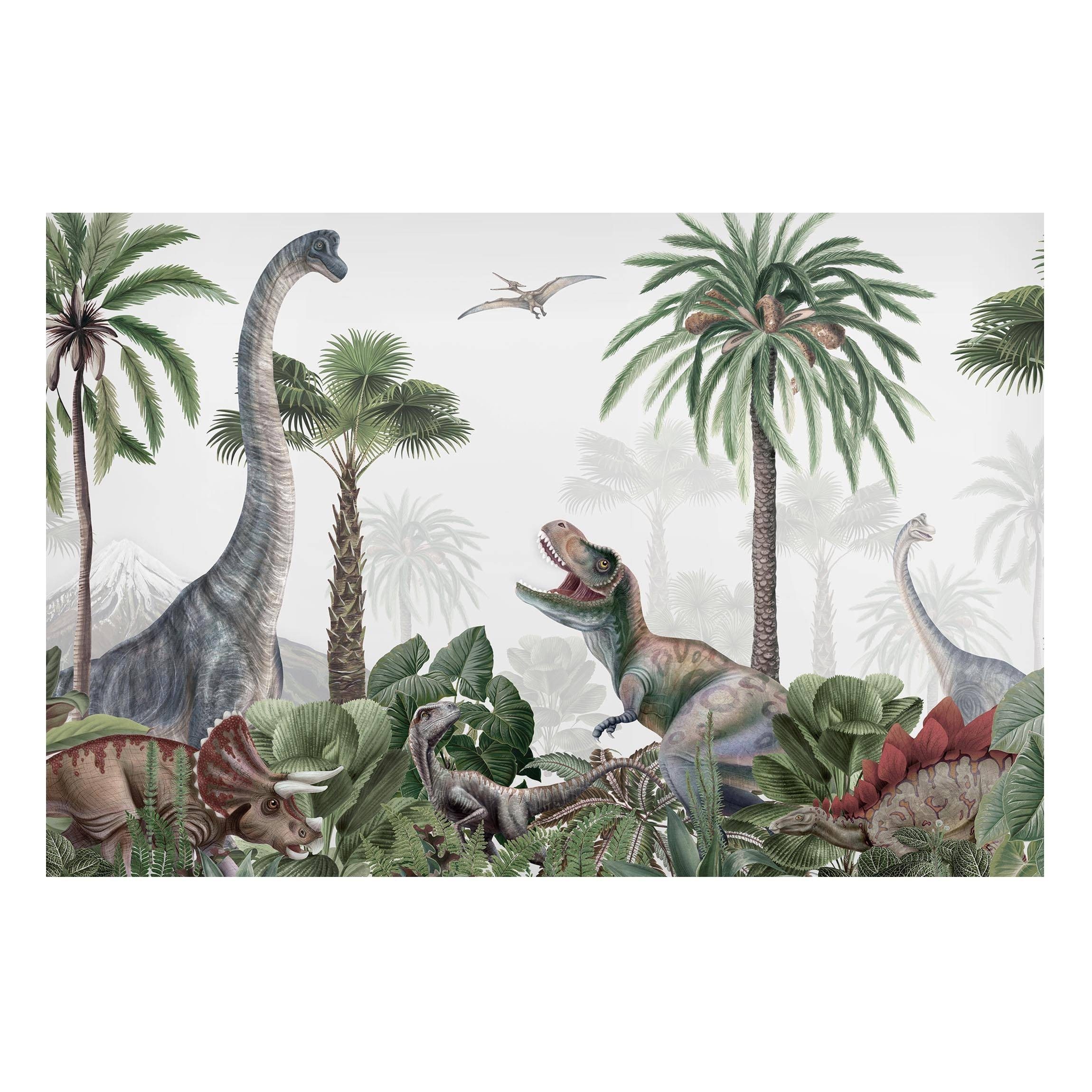 Bilderdepot24 Magnettafel Kinder grün Dinosauriergiganten im Dschungel, (1-tlg., Magnetboard Pinnwand für die Wand - metallische Tafel für Magnete), Magnetwand groß mit Motiv Kinderzimmer Memoboard magnetisch Querformat