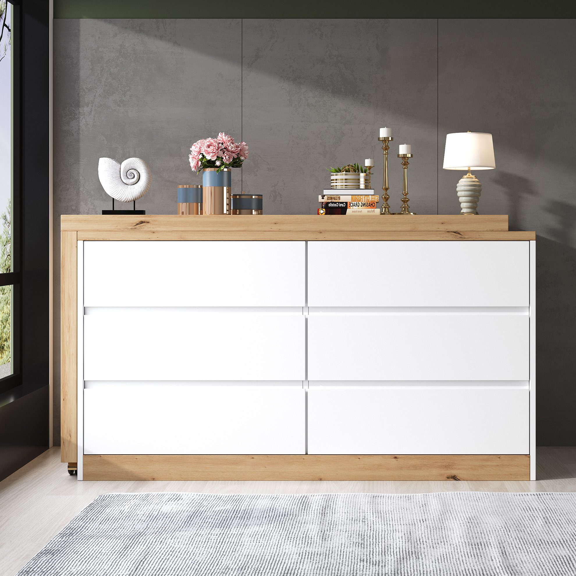 MODFU Eckschreibtisch Multifunktionstisch mit 6 Schubladen & Rollen (Packung, 1-St., Natur+Weiß, 120×78×50 cm, für Büro & Homeoffice), drehbare Platte, 4 cm stark, 2-in-1 Design