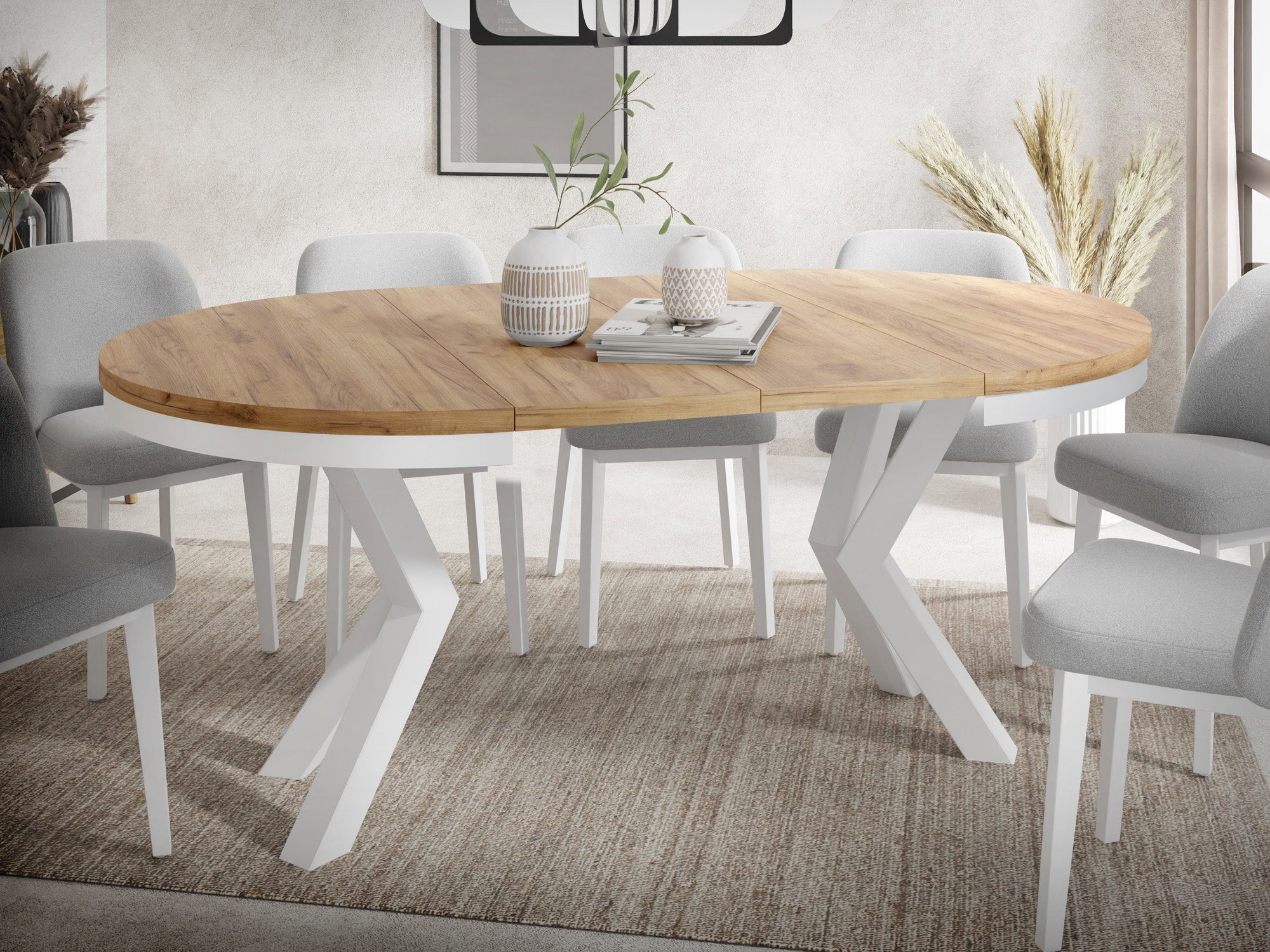 WFL GROUP Esstisch Clara White im Loft-Stil rund ausziehbar mit weißen Metallbeinen (MADE IN EU, erhältlich in zwei Größen – 100/120 cm, ausziehbar auf 180/200  – Bild 5 von 5