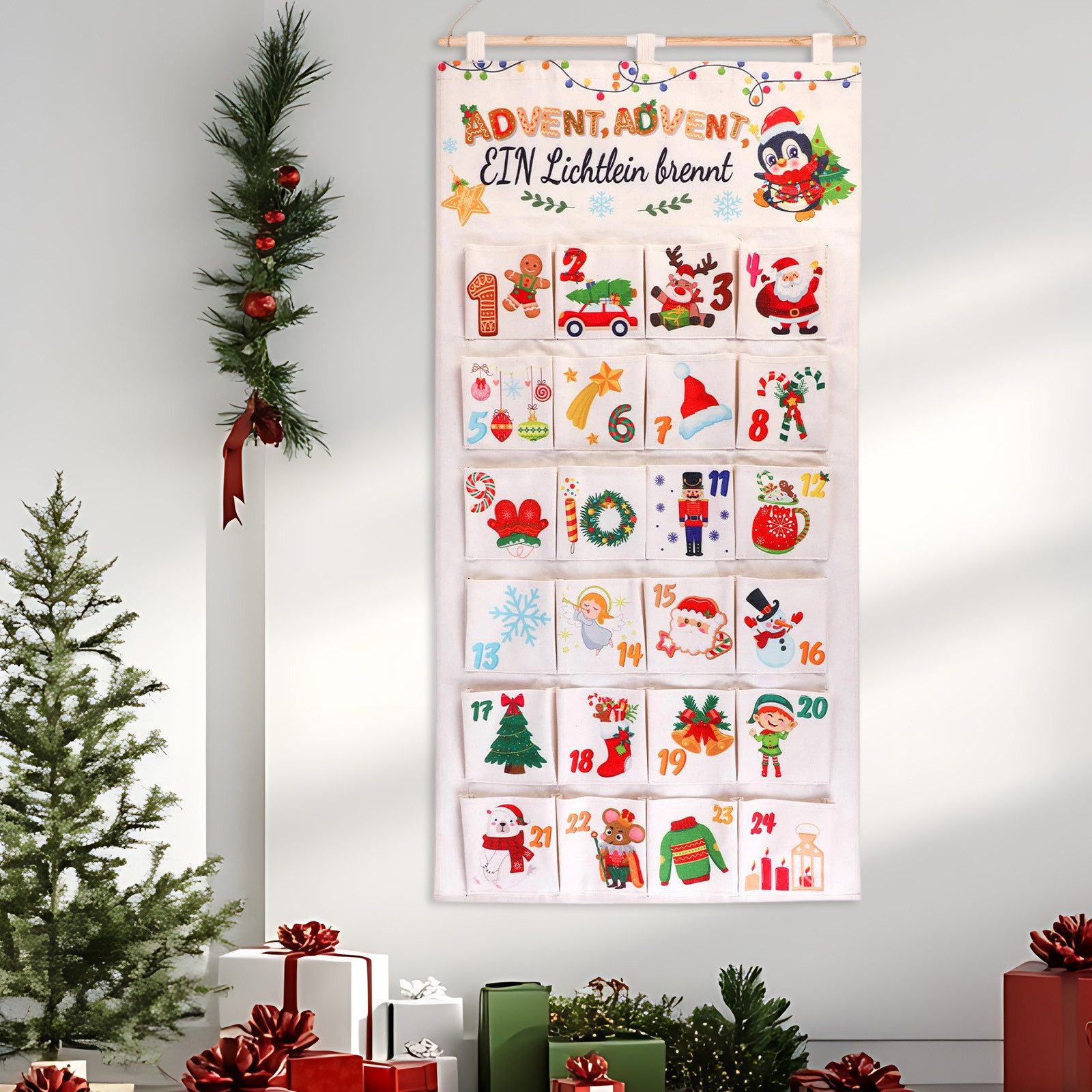 REDOM befüllbarer Adventskalender Wandkalender mit Aufhängung Weihnachtsdekoration Hängetasche (mit Aufhängeseil für Wand Tür oder Kamin geeignet, 1-tlg), Viel Platz für Süßigkeiten Mini-Geschenke