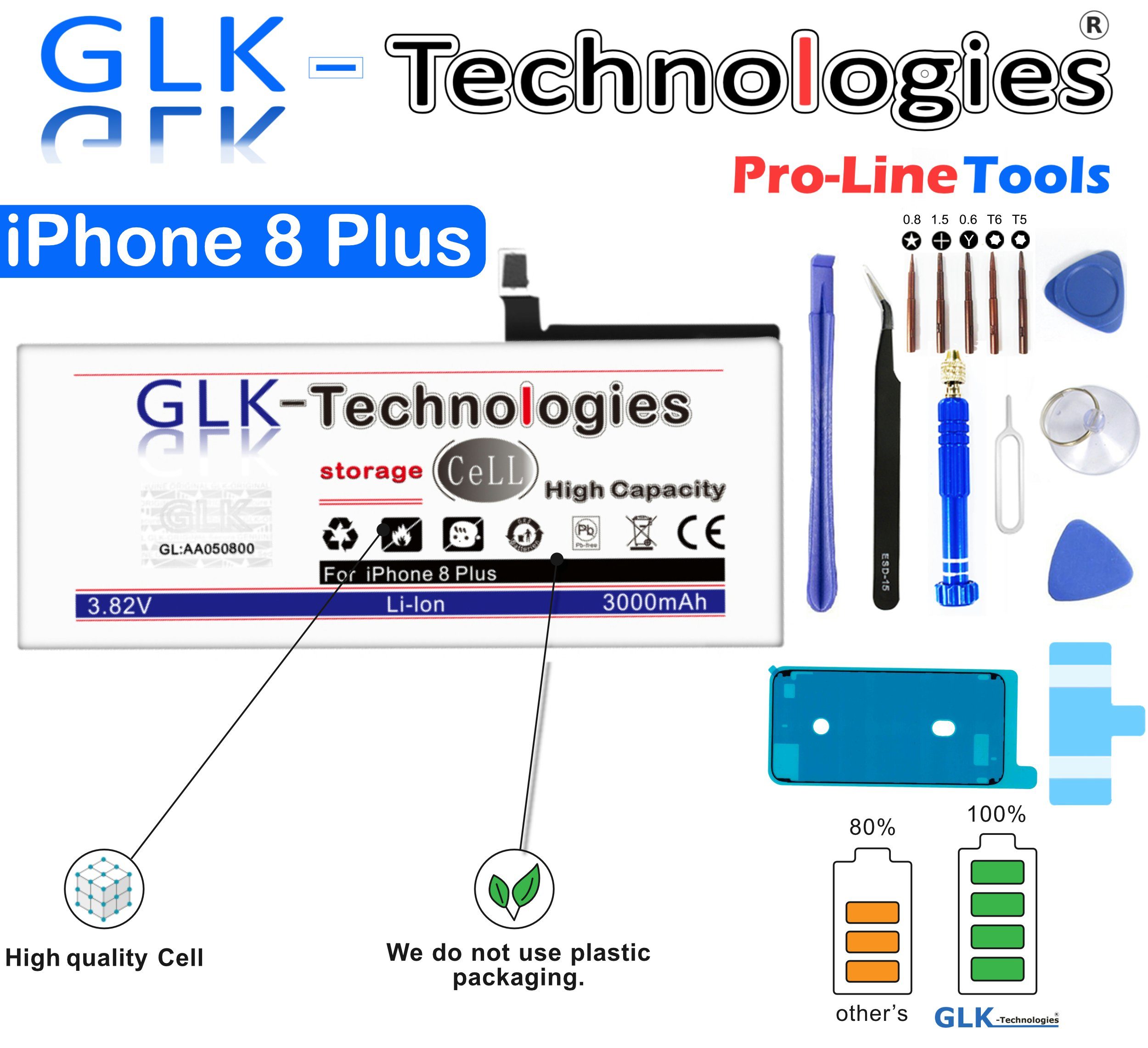für Öffnungswerkzeug Ersatz Akku mit (3,83 8 Plus GLK-Technologies A1898 A1897 V) iPhone Verbesserter A1864 Smartphone-Akku APN mAh 3000