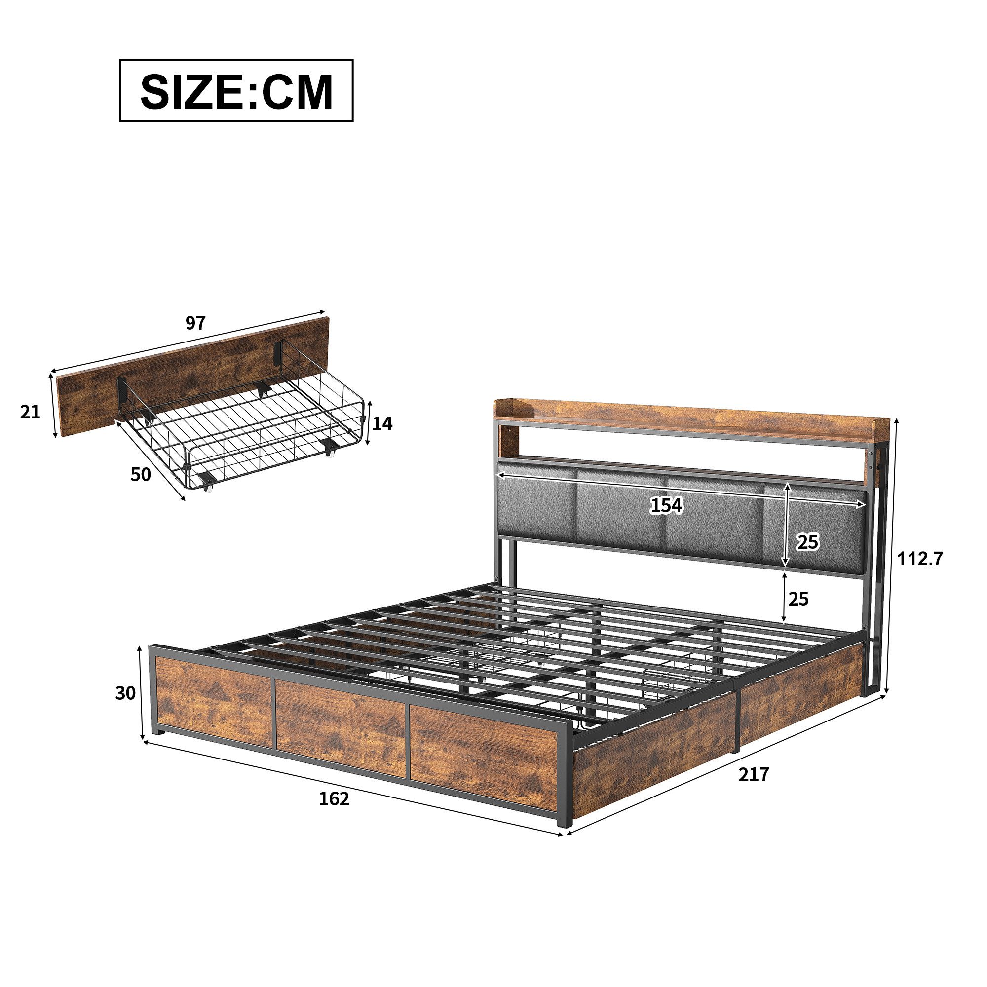 Simurq Bettgestell Doppelbett 180x200 cm mit 4 Schubladen (Set, 1-tlg) (Polsterbett 180x200 mit LED Beleuchtung,Ohne Matratze), Stauraumbett 160x200 mit Lattenrost und gepolstertem Kopfteil