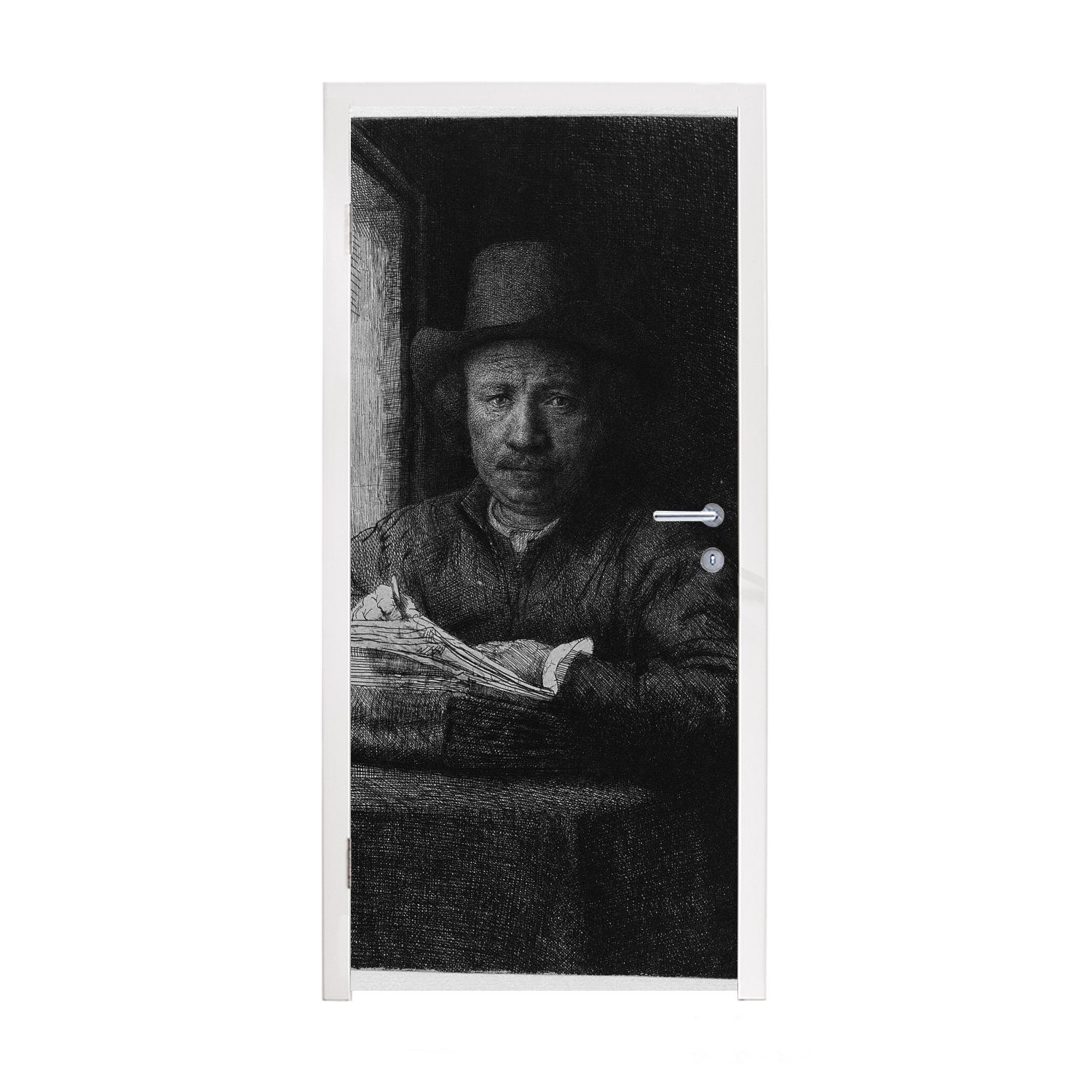MuchoWow Türtapete Selbstbildnis in der Nähe eines Fensters geätzt - Rembrandt van Rijn, Matt, bedruckt, (1 St), Fototapete für Tür, Türaufkleber, 75x205 cm