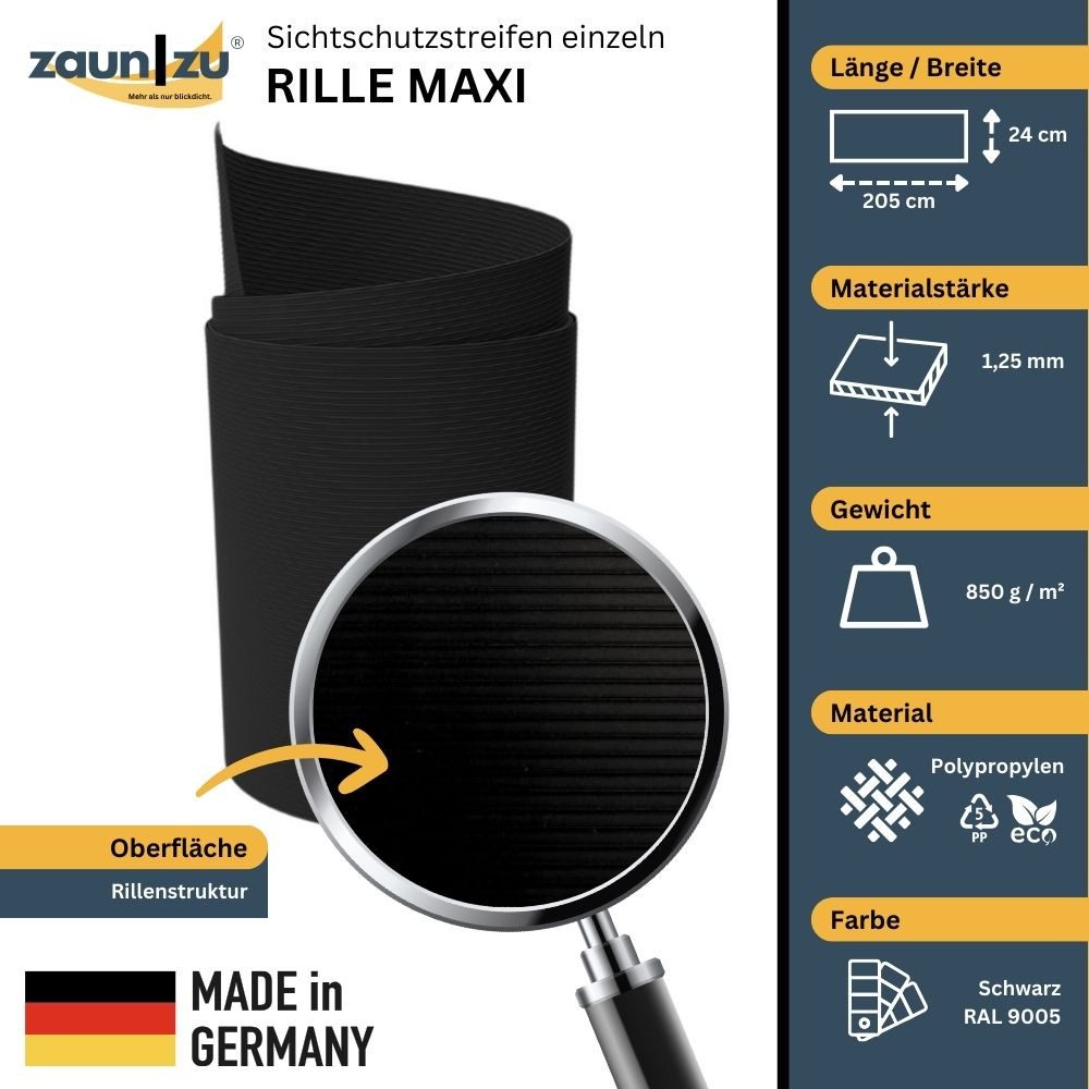 Thumbnail - zaunzu Sichtschutzstreifen Rille Maxi Einzelstreifen Sichtschutz 24cm hoch Schwarz 2,05m, (1x Einzelstreifen, 24cm hoch)...