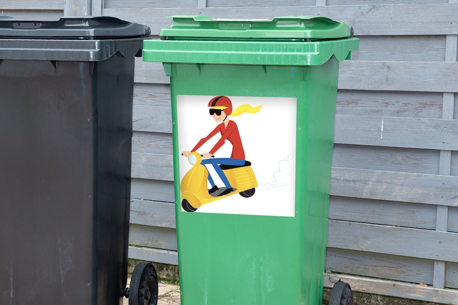 MuchoWow Wandsticker Illustration eines St), Sticker, einer Abfalbehälter Container, Mädchens gelben Vespa Mülleimer-aufkleber, auf Mülltonne, (1