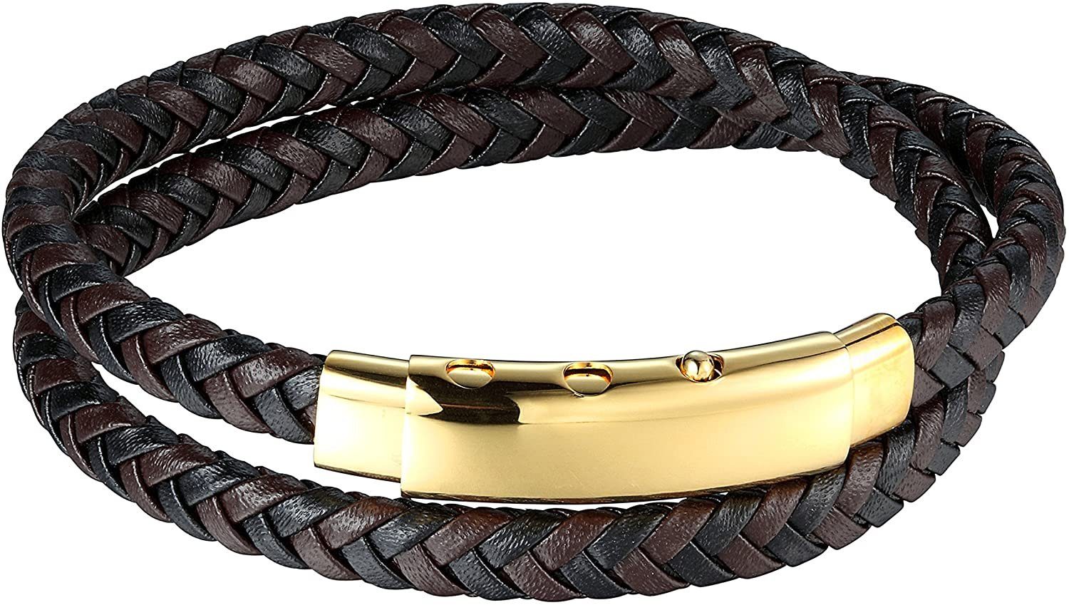 Karisma Lederarmband Karisma Männer Lederarmband 2 Fach Gewickelt Edelstahl Verstellbarer Verschluss Länge 41cm - Gold