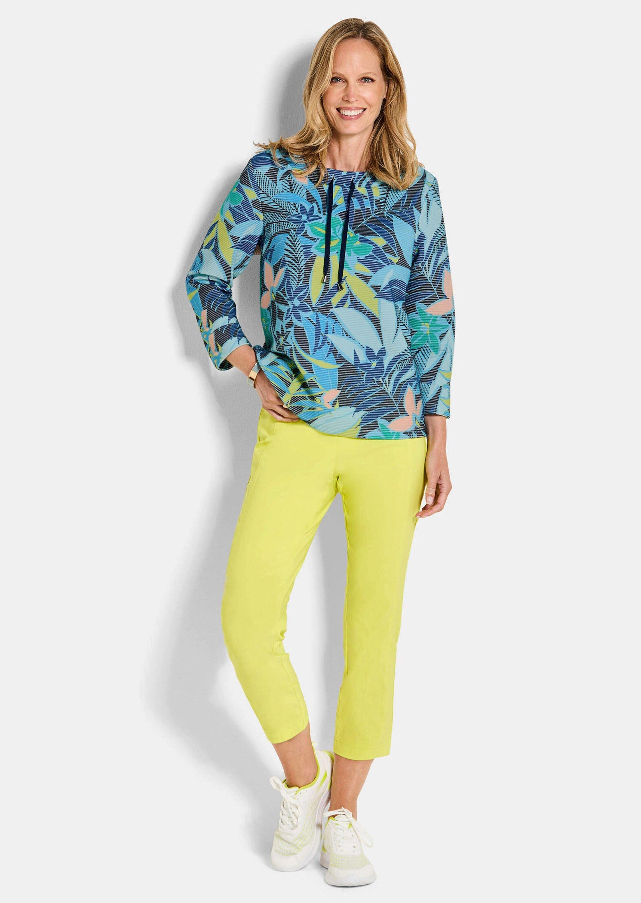 GOLDNER Sweatshirt Druckpullover mit Dschungel-Design Druckshirt mit U-Boot-Ausschnitt, Querrippstruktur und 3/4-Ärmeln