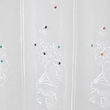 Scheibengardine Scheibengardine Kurzgardine Kindergardine Bistrogardine Grammophon Weiß Voile Holzperlen Bunt 45x155 cm, EXPERIENCE, Durchzuglöcher (1 St), halbtransparent, Holzperlen