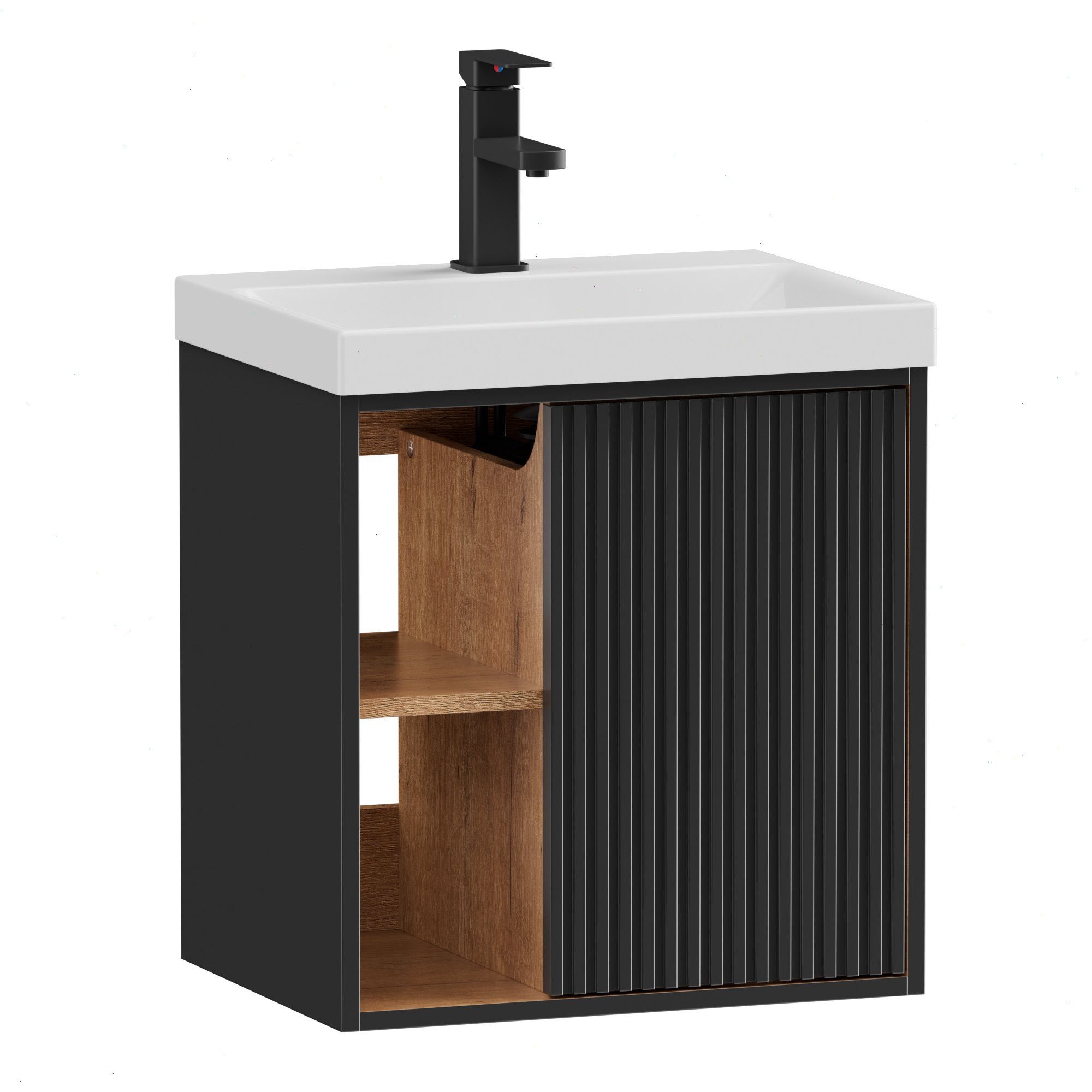 UEV Waschtisch klein Waschbecken mit Unterschrank set Badmöbel Gäste-WC hängend 50cm (Waschplatz ausreichend Stauraum,Badmöbel Set für Badezimmer, Unterschrank mit Harzbecken Wasserhahn Pop-up-Ablassventil), Waschtischunterschrank hängend Breit 50cm