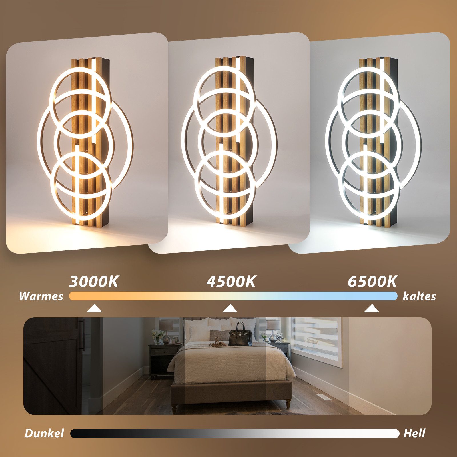 Nettlife LED Deckenleuchte Dimmbar Holz 2/3/4 Ringe Modern Deckenlampe Wohnzimmer, LED fest integriert, 60W 50*32*10.3CM für Schlafzimmer Büro Küche – Bild 2 von 5