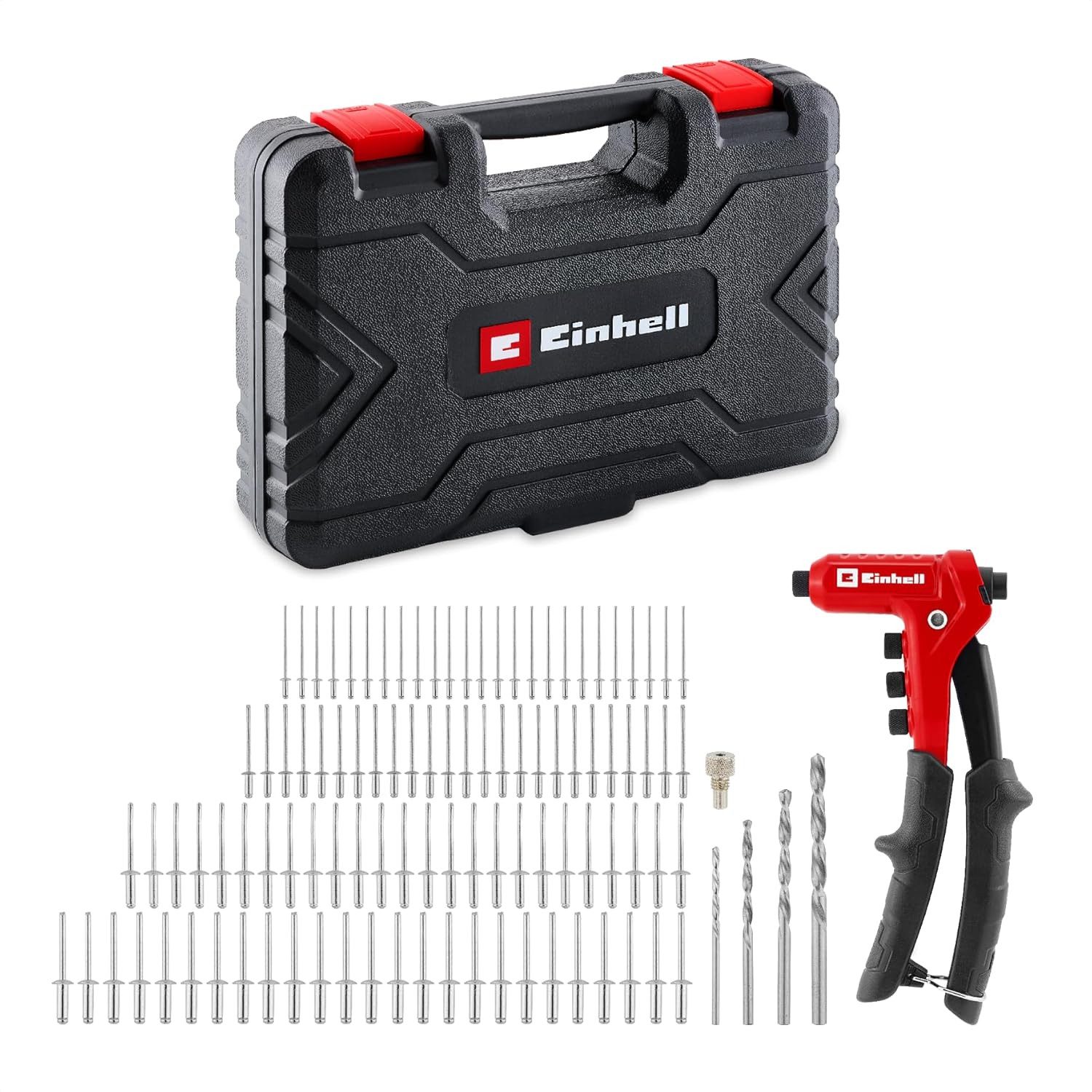 Einhell Kombizange, 111-tlg., Blindnietzangen-Set (100 Blindnieten, 4 Mundstücke, Metallbohrer, werk