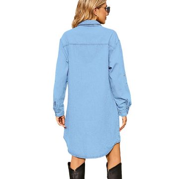 AFAZ New Trading UG Jeanskleid Damen-Herbstkleid, locker, lässig, langärmlig, gewaschenes Denim-Kleid Damen-Jeanskleid mit verstellbarer Schnalle