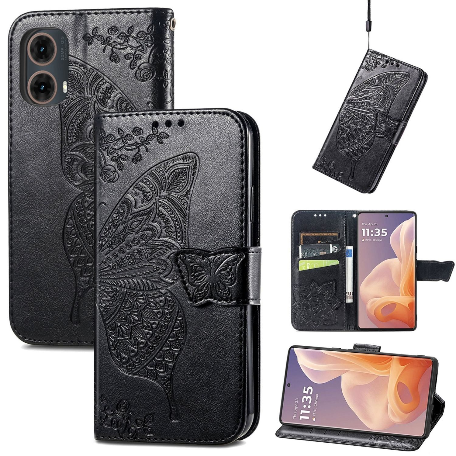 Wigento Smartphone-Hülle Für Motorola Moto G85 Kunstleder Schmetterling Wallet Hülle Schwarz, Kunst-Leder Schutzhülle Smart Case Cover magnetischer Verschluss
