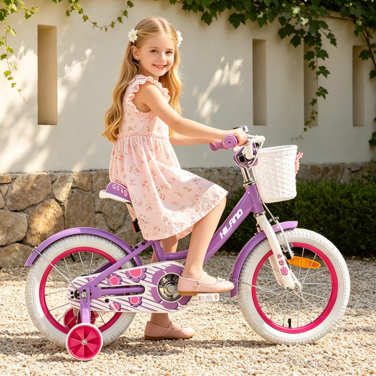 HILAND Kinderfahrrad Petal 12/14/16 Zoll Mädchenfahrrad, Kinderfahrrad für Mädchen, mit Korb und Stützrädern, Kotflügel, Hilfsrad, Fahrradklingel – Bild 5 von 5