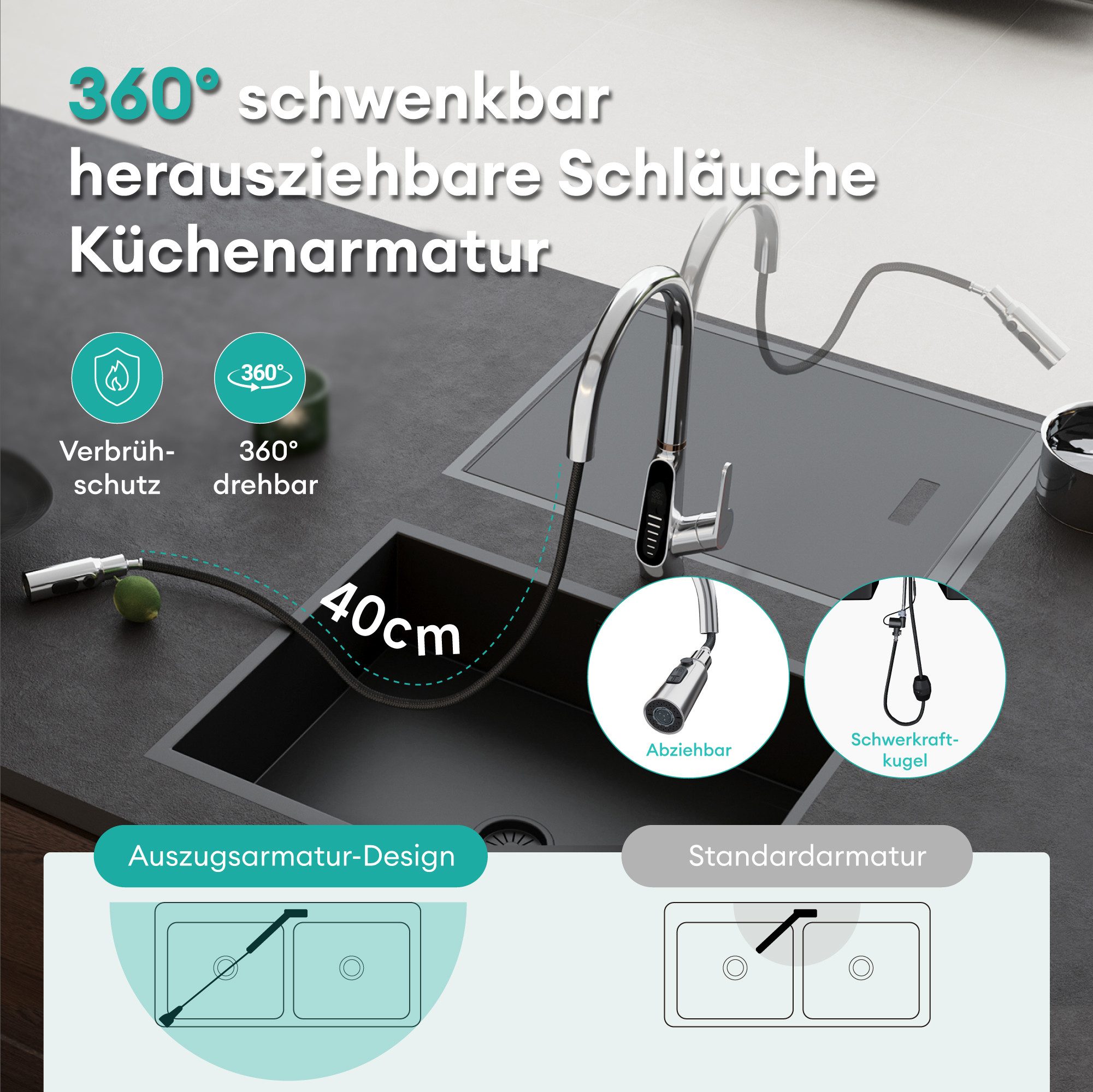 Mai & Mai Küchenarmatur Spültischarmatur 360° schwenkbar mit LED-Digitalanzeige MS-8085 DIN-Anschlüsse, Verdeckter Sprühkopf, Wassersparender Waben-Perlator