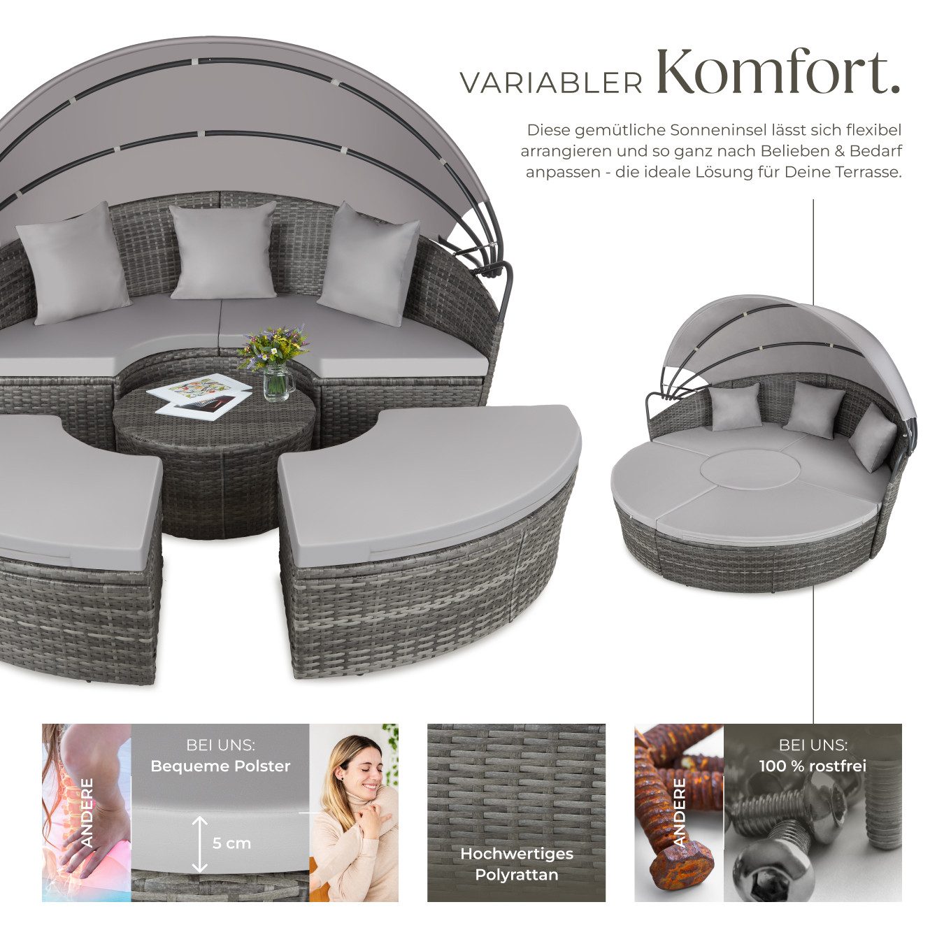tectake Loungeset Rattan Sonneninsel Santorin - UV-beständig und widerstandsfähig, (Gartenlounge-set Santorin, 5-tlg., geeignet für Outdoor in Grau), klappbares Sonnendach & höhenverstellbare Füße