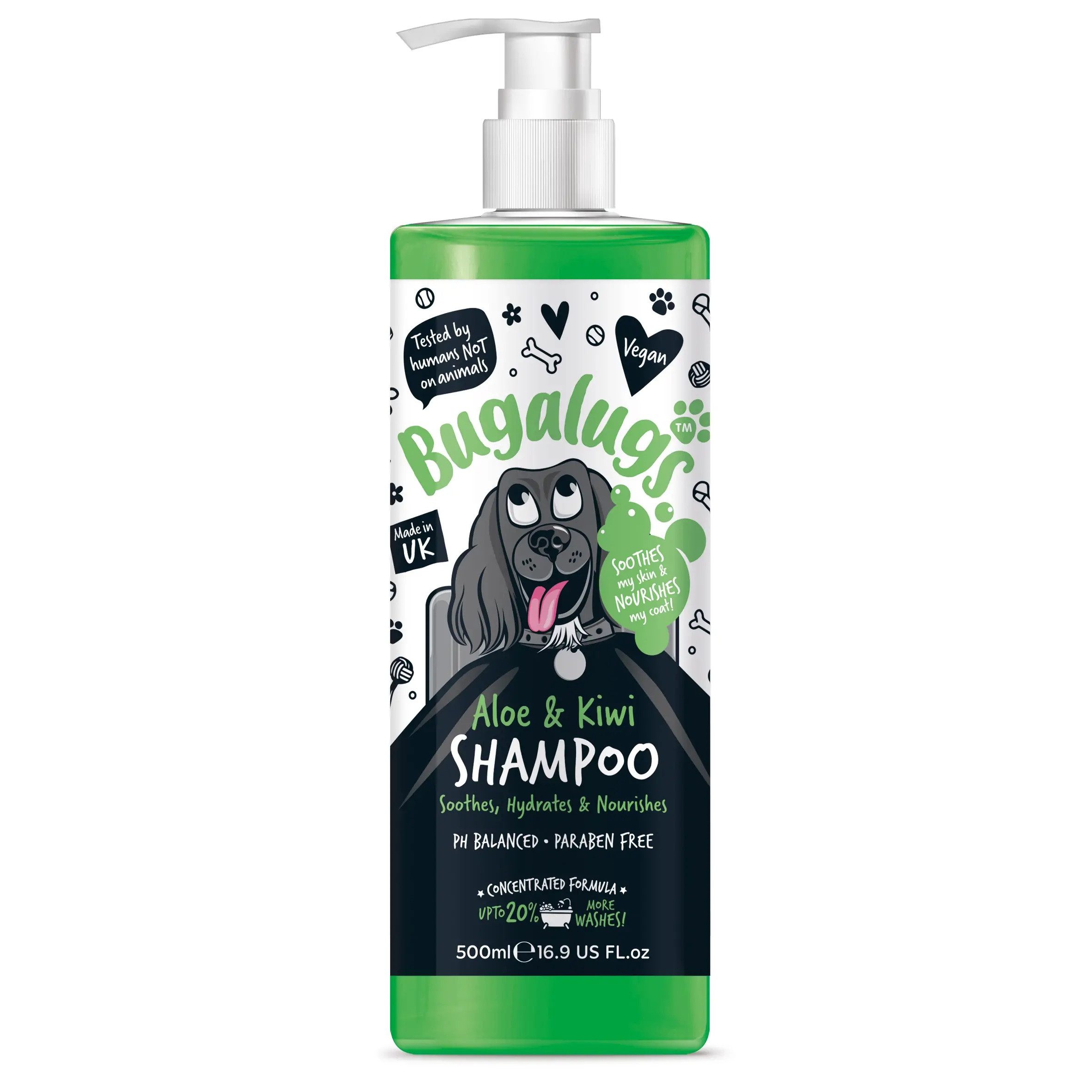 Bugalugs Tiershampoo Bugalugs Aloe & Kiwi Hundeshampoo - Lang anhaltende Frische und Pflege, 500 ml, (1-St), pH neutral, Hundeshampoo, mit Vitaminen, mit Aloe Vera