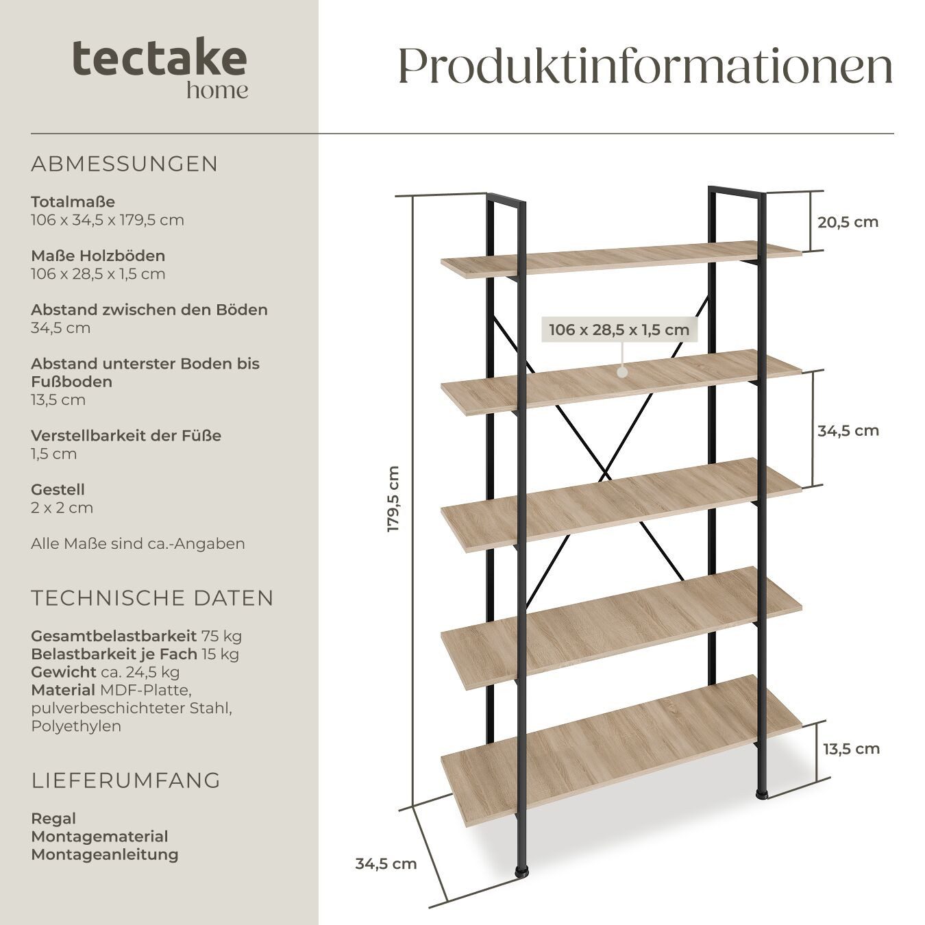 tectake Bücherregal Standregal, inklusive Kippschutz, 106 x 34,5 x 179,5 cm, Holzregal Glasgow 1-tlg., mit 5 Ebenen, mit höhenverstellbaren Kunststofffüßen