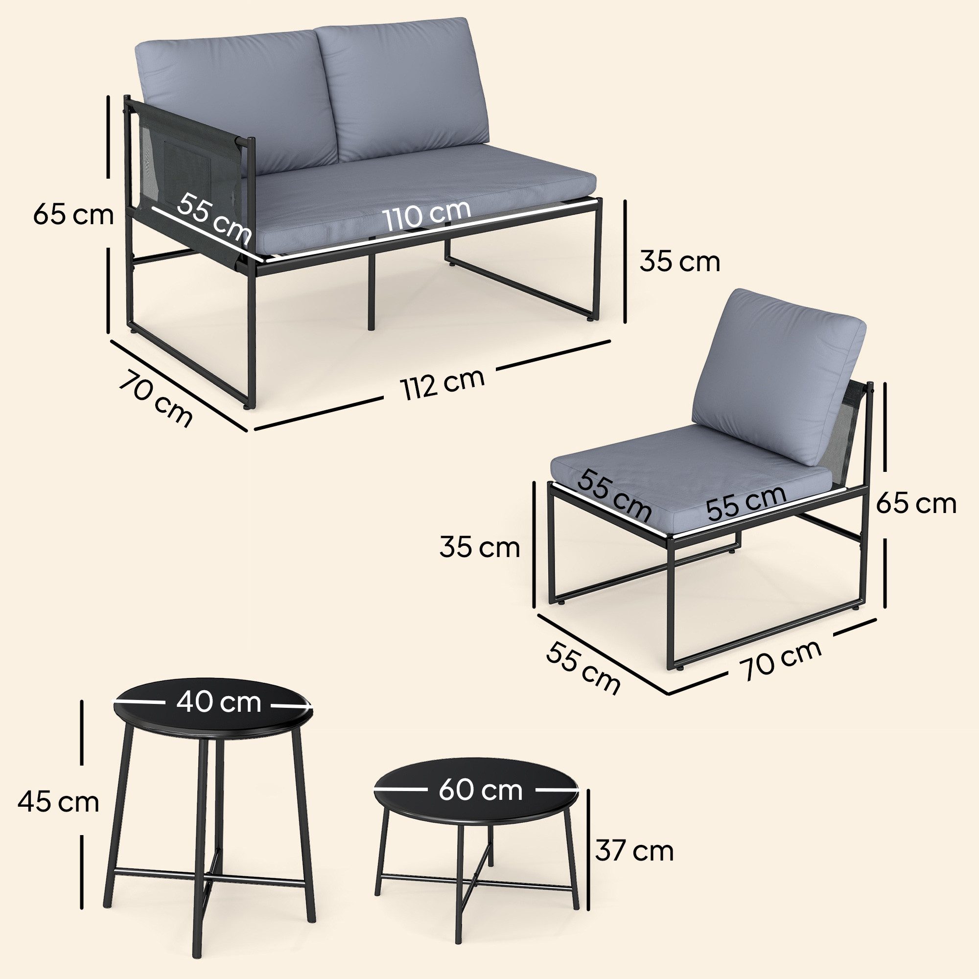 Outsunny Sitzgruppe mit 2 Sitzer Gartensofa, 2 Couchtisch, Stuhl, Kissen, Seitentasche, (Gartenlounge Set, 5-tlg., Lounge Gartenmöbel Set), Dunkelgrau