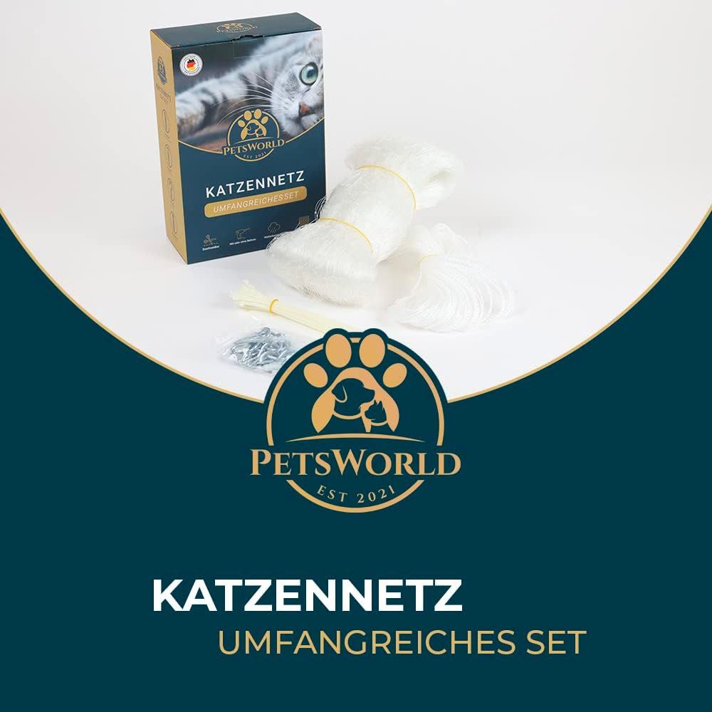 PETSWORLD EST 2021 Schutznetz Katzennetz 8×3 m für Balkon inkl. Befestigung & Kabelbinder, BxL: 17x35 m, Wetterbeständiges Katzenschutznetz mit geknoteten Maschen