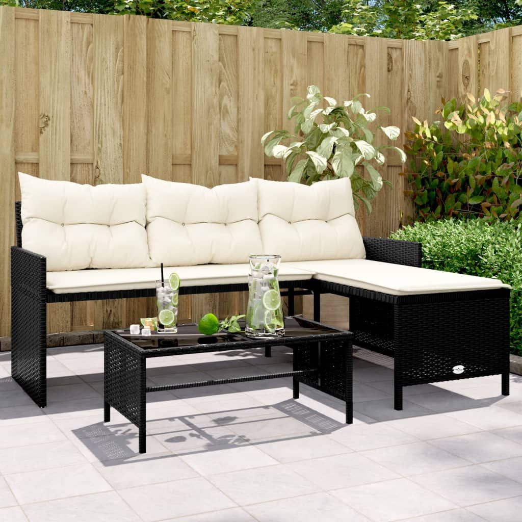 vidaXL Loungesofa Gartensofa in L-Form mit Tisch und Kissen Schwarz Poly Rattan