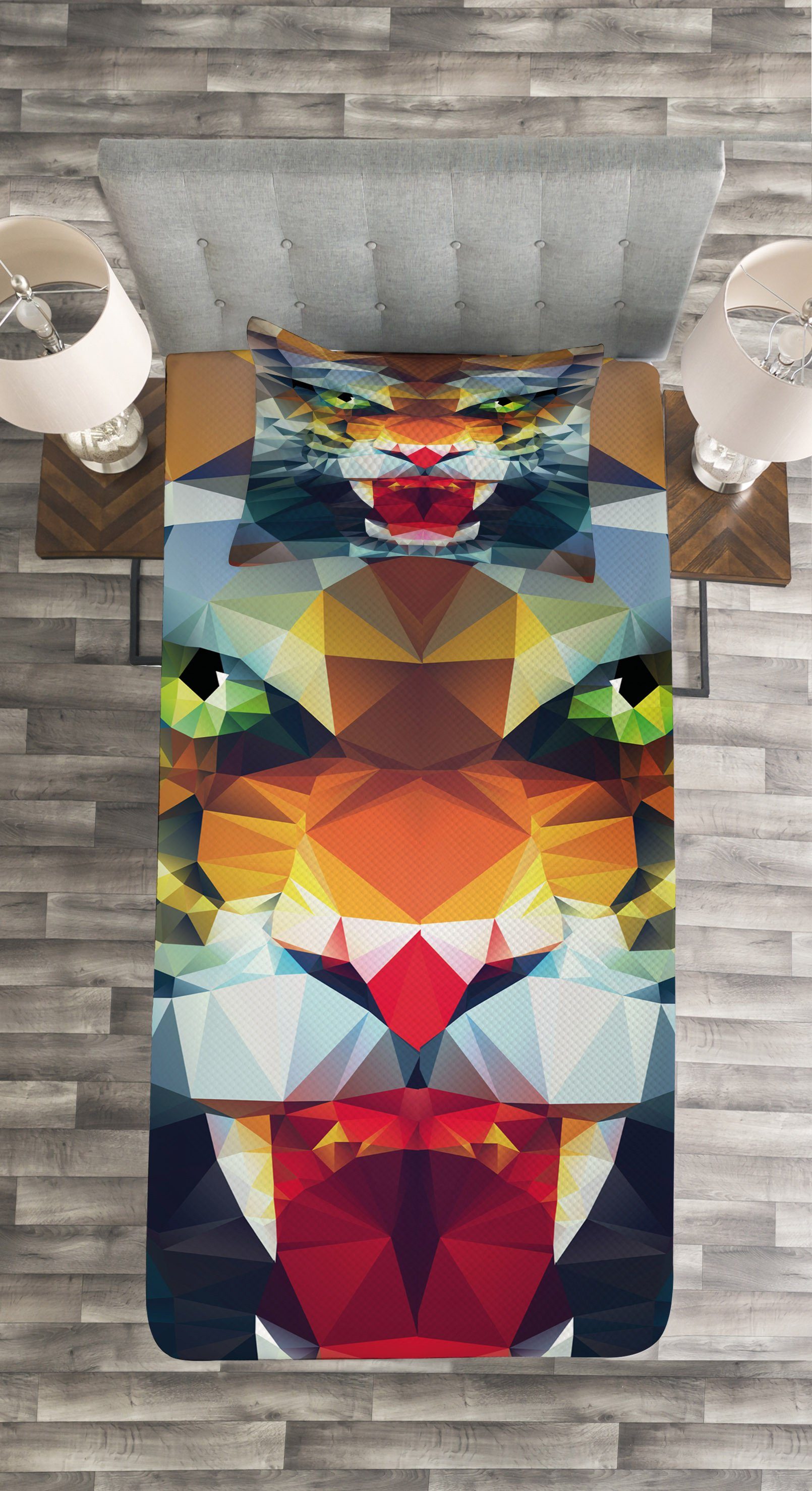 Set Tiger Tagesdecke Portrait Waschbar, Kissenbezügen Abstrakt Tier Abakuhaus, mit