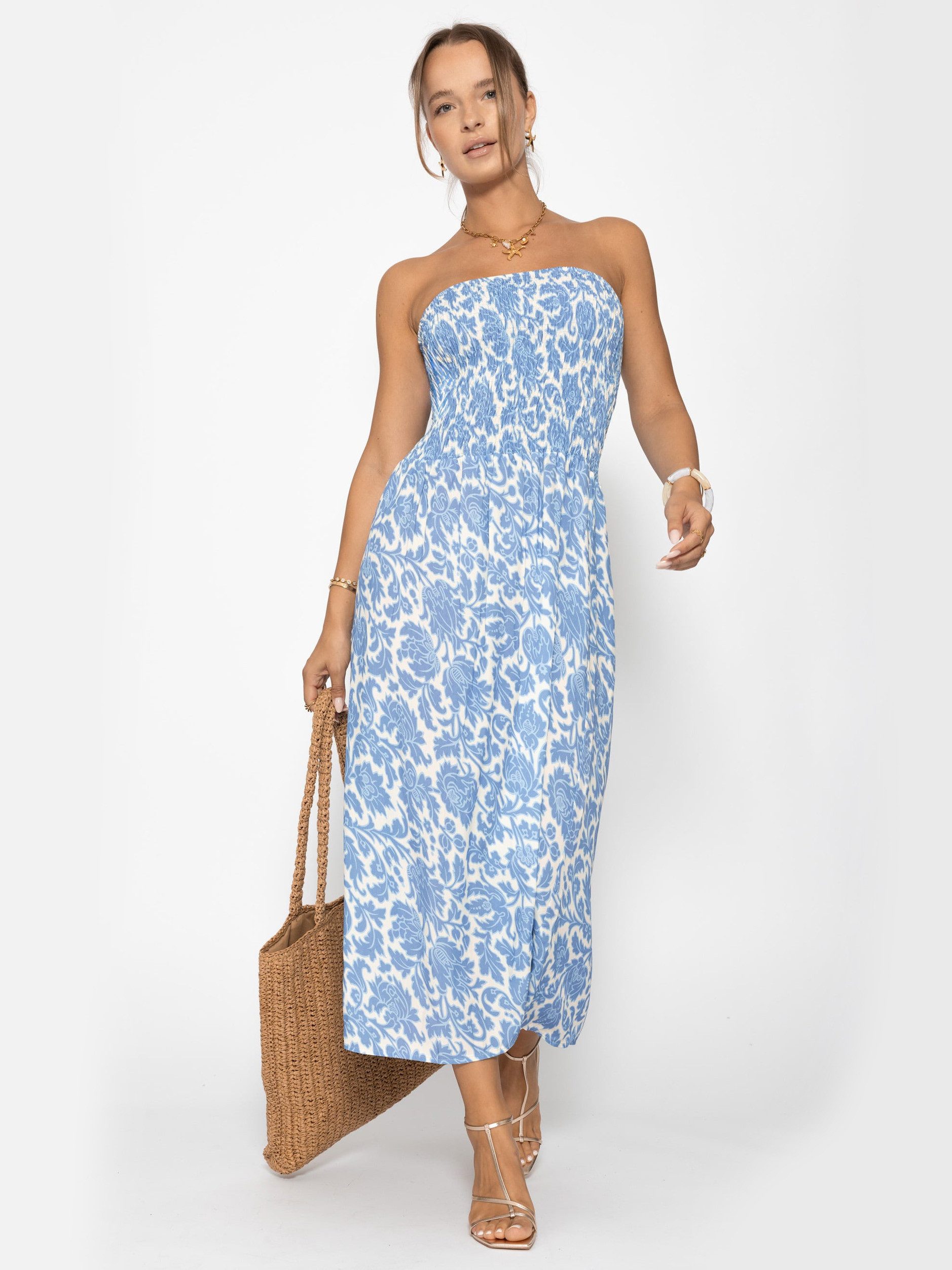 SASSYCLASSY Bandeaukleid Gesmoktes Bandeau-Kleid mit Print Damen trägerloses Midikleid mit gerafftem Bustier jeansblau