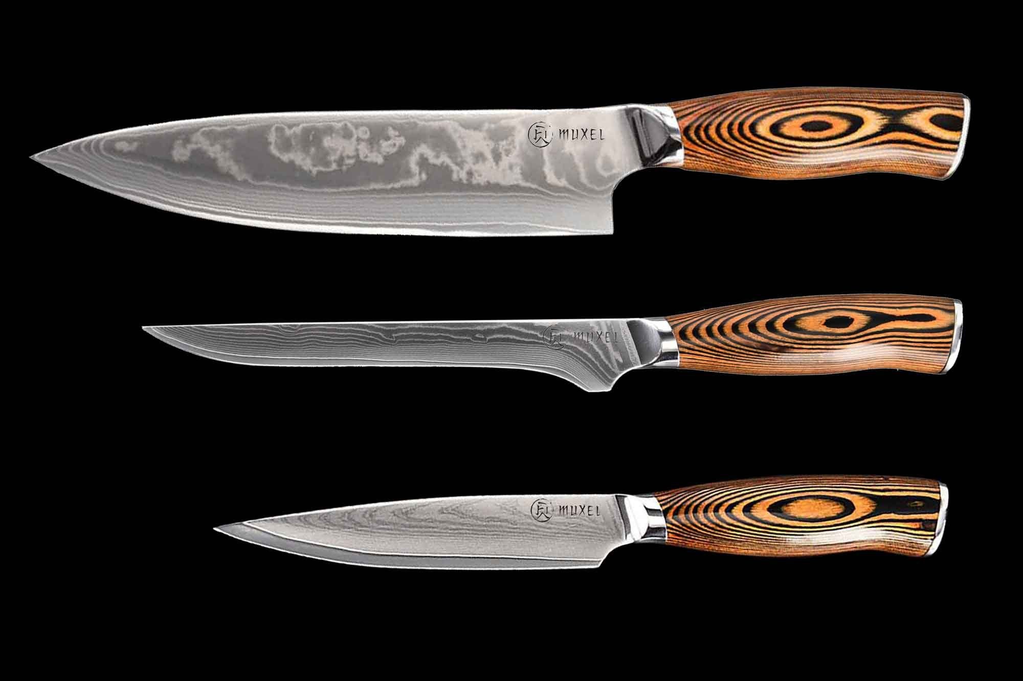 Muxel Messer-Set Hochwertiges Messer Set Carbon V10 Edelstahl Kohle (Inhalt: Kochmesser, Ausbeinmesser, Gemüsemesser, 3-tlg)