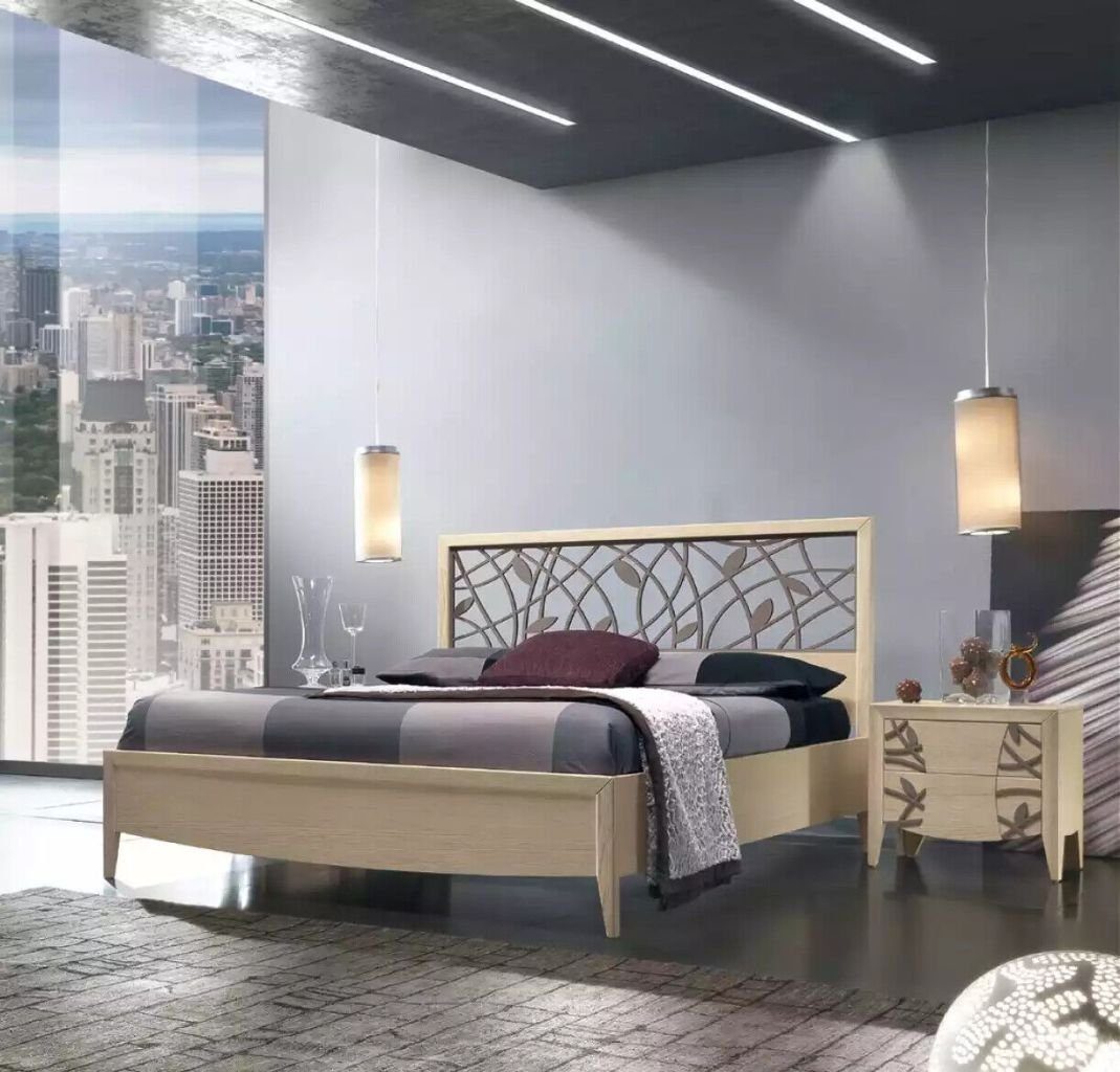 JVmoebel Schlafzimmer-Set Bett 2x Nachttisch + tlg.Komplett Schlafzimmer in Design 2x beige, 3 Set Nachttische), Bett 1x (3-St., Italy Made