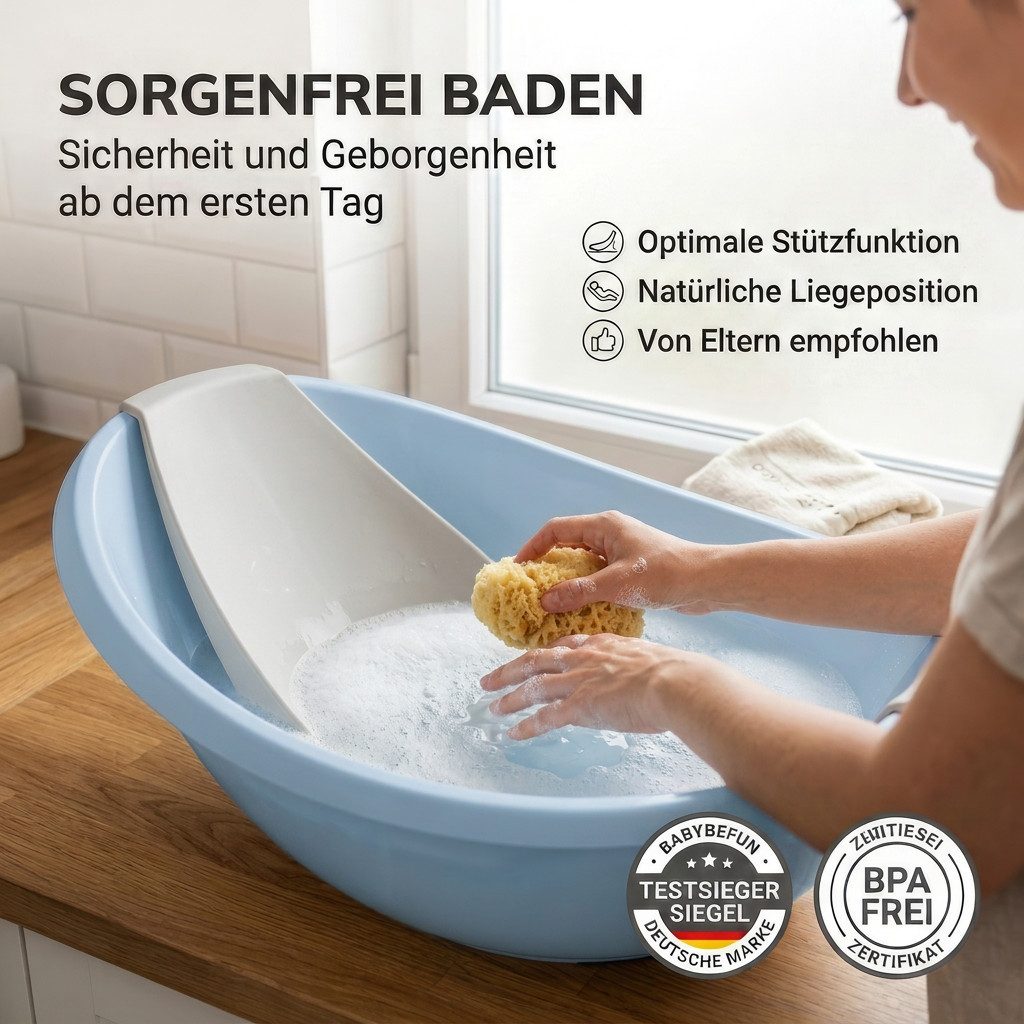 BabyBeFun Babybadewanne mit Badewanneneinsatz für Neugeborene, Rutschfeste Babywanne, Inkl. Safety-Pad