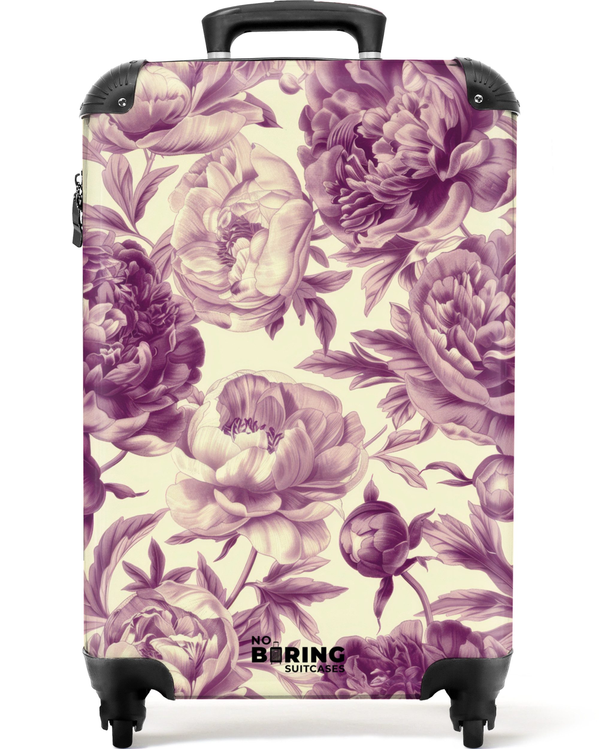 NoBoringSuitcases.com© Hartschalen-Trolley Weiß mit violetten Blüten günstig online kaufen