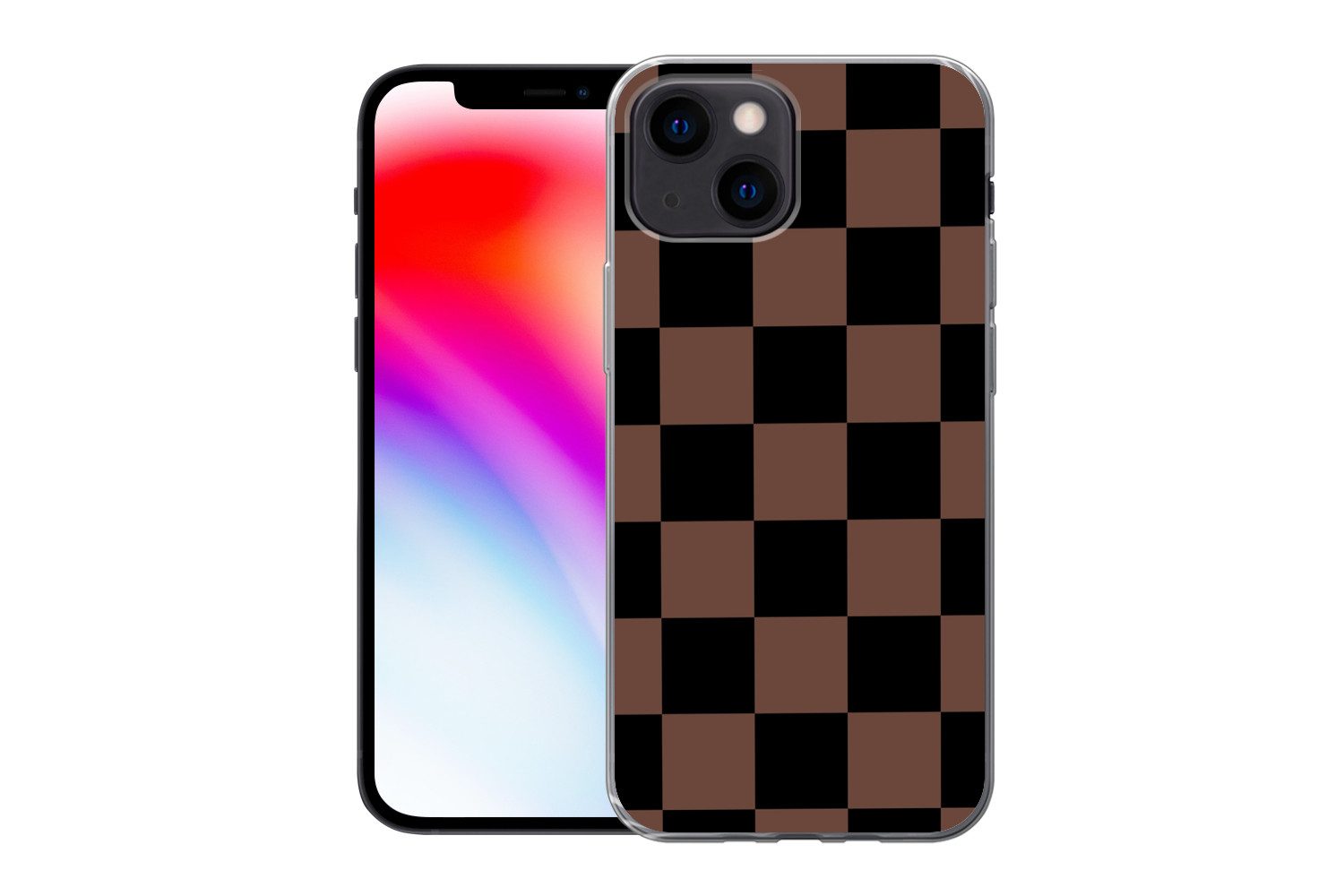 MuchoWow Handyhülle für Apple iPhone 13 mini Schachbrettmuster - Braun - Schwarz - Blöcke, Smartphone-Bumper, Print, Handy Schutzhülle Dünn