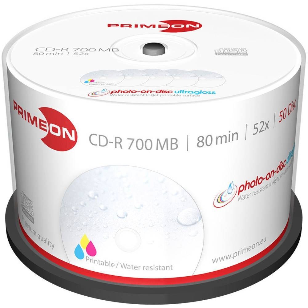 PRIMEON CD-Rohling CD-R 700MB 52x Photo-on-Disc ultragloss 50er Cakebox 2761109, Bedruckbar, Hochglanz Oberfläche, Wasserfest, Wischfest