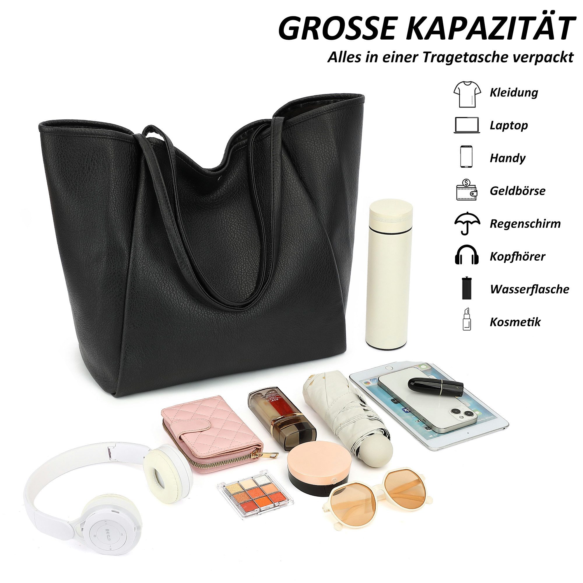 TAN.TOMI Schultertasche Damen Magnetverschluss Umhängetasche PU Leder Tote Shopper Bag, Mit Innentaschen und dekorative Anhänger für Arbeit, Schule, Einkauf – Bild 4 von 5