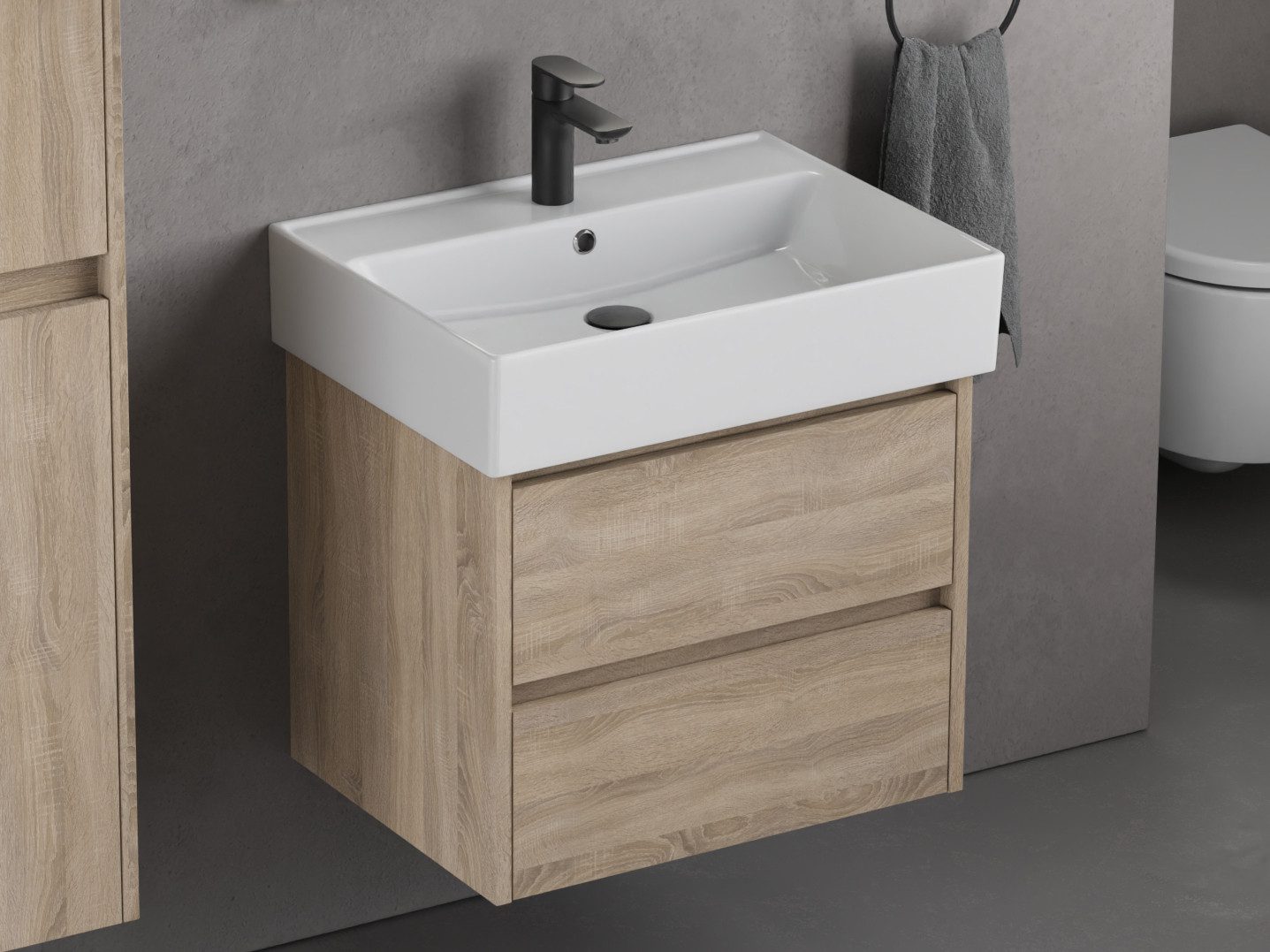 Aqua Bagno Badmöbel-Set mit Waschbecken, 60cm, Badschrank vormontiert, Keramik, (1-St., Unterschrank mit Möbelwaschtisch mit Überlauf), Zwei Vollauszugschubladen mit Softclose Funktion