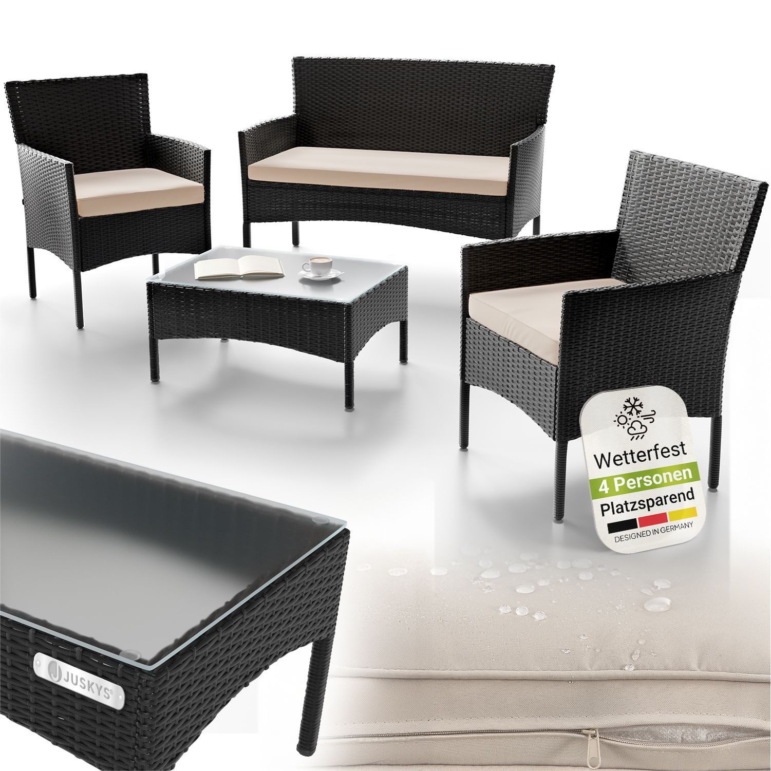 Juskys Gartenlounge-Set Fort Myers, wetterfeste Polyrattan Sitzgruppe für 4 Personen