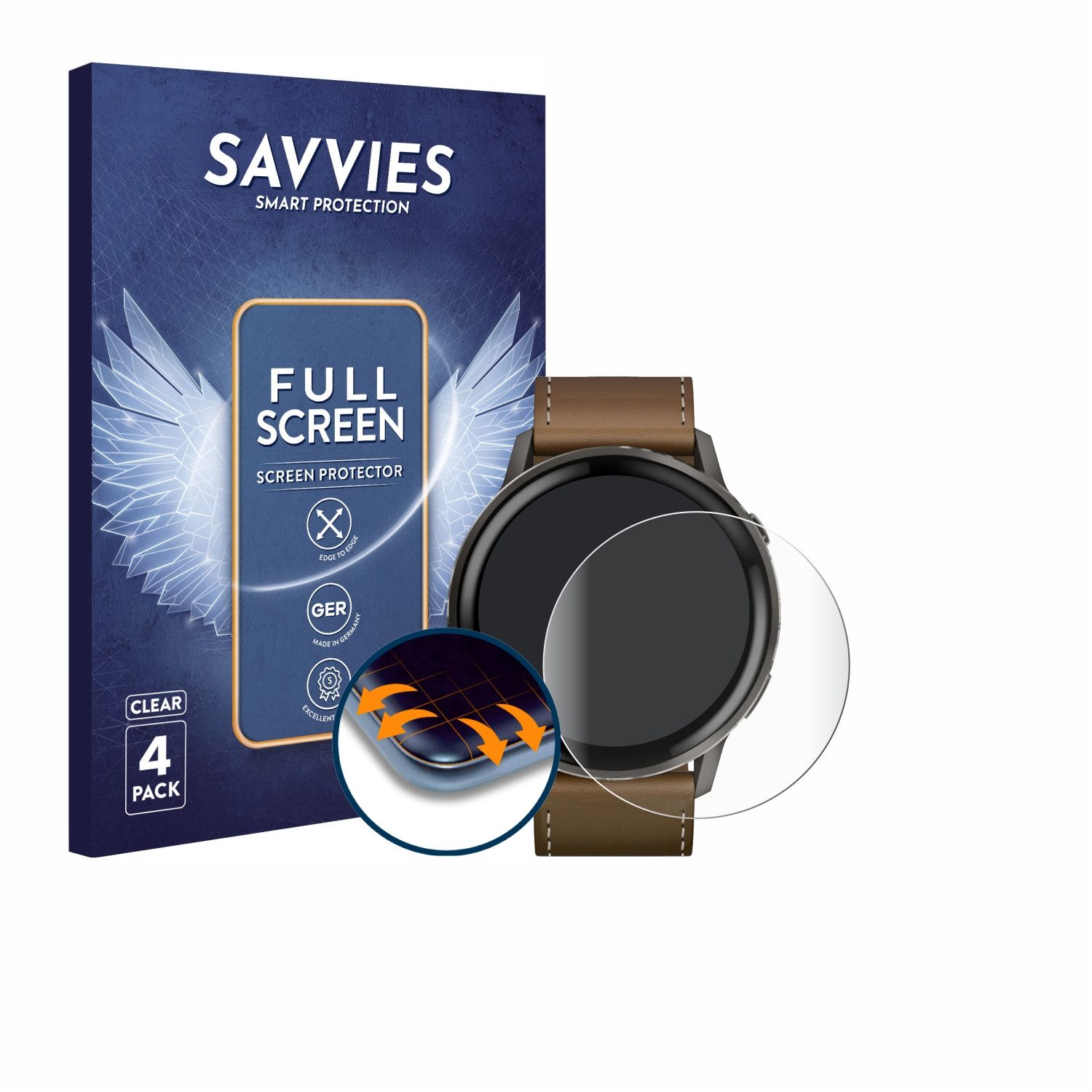Savvies Displayschutzfolie Fullscreen Schutzfolie für Garmin Venu 4 (45 mm), 4 Stück, Displayschutz Folie Fullcover Klar Transparent