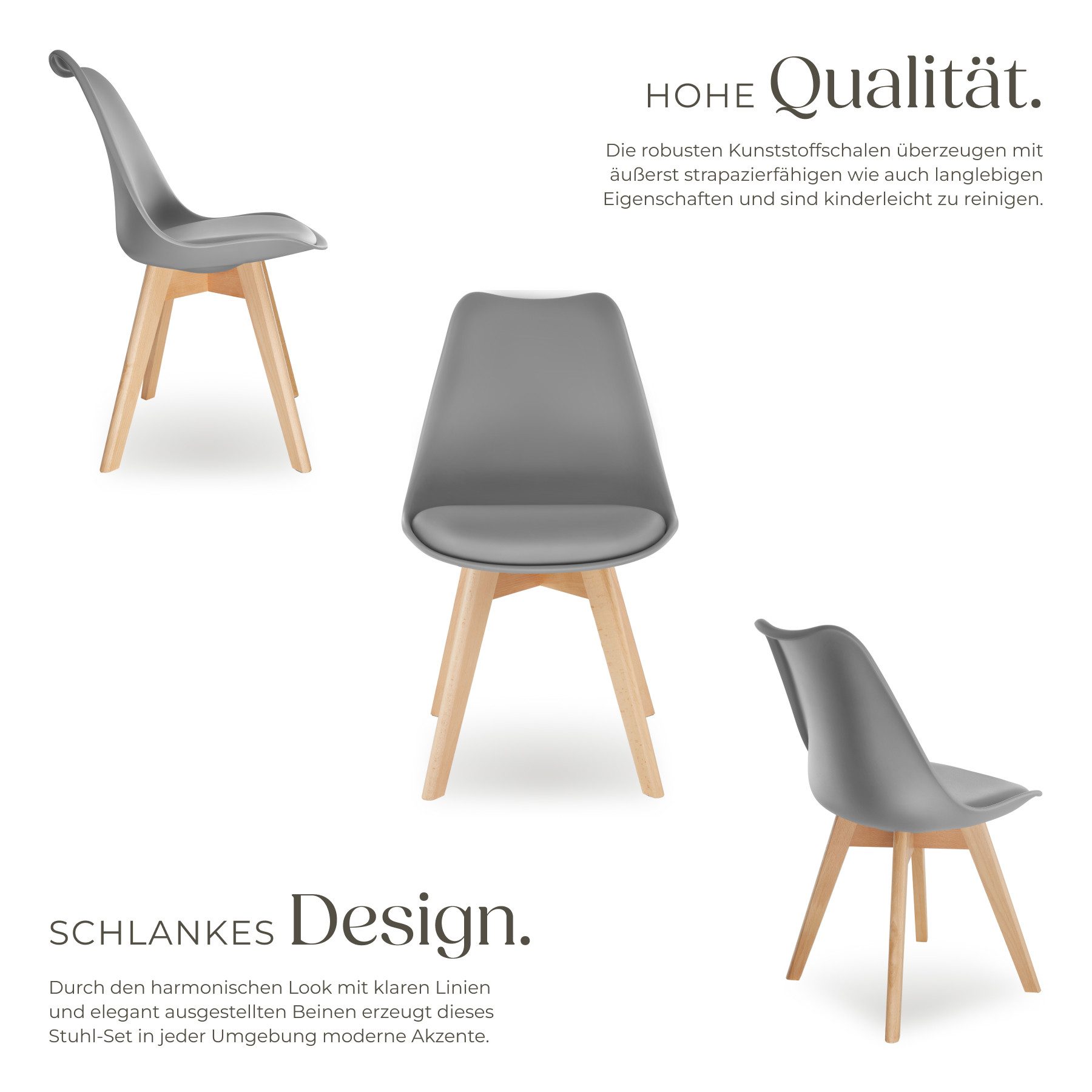 tectake Esszimmerstuhl Küchenstuhl Scandi-Design, gepolsterte Sitzfläche, 49 x 53 x 82 cm (Polsterstuhl Frederikke in grau, 2 St), ergonomische Form, massive Holzbeine, bodenschonende Filzgleiter