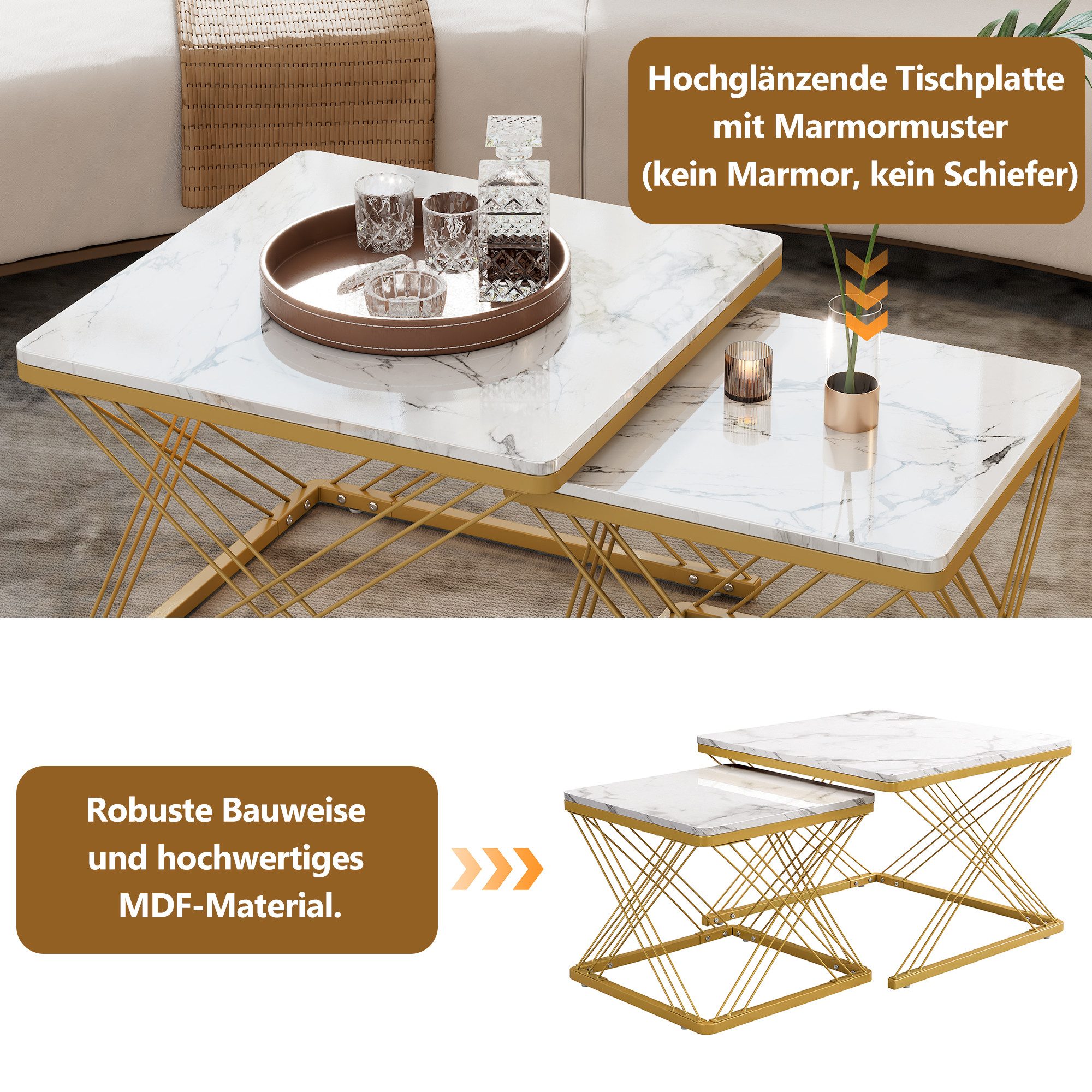 Merax Couchtisch, Set mit Stahlrahmen, Beistelltisch Hochglanz Marmoroptik, Satztisch