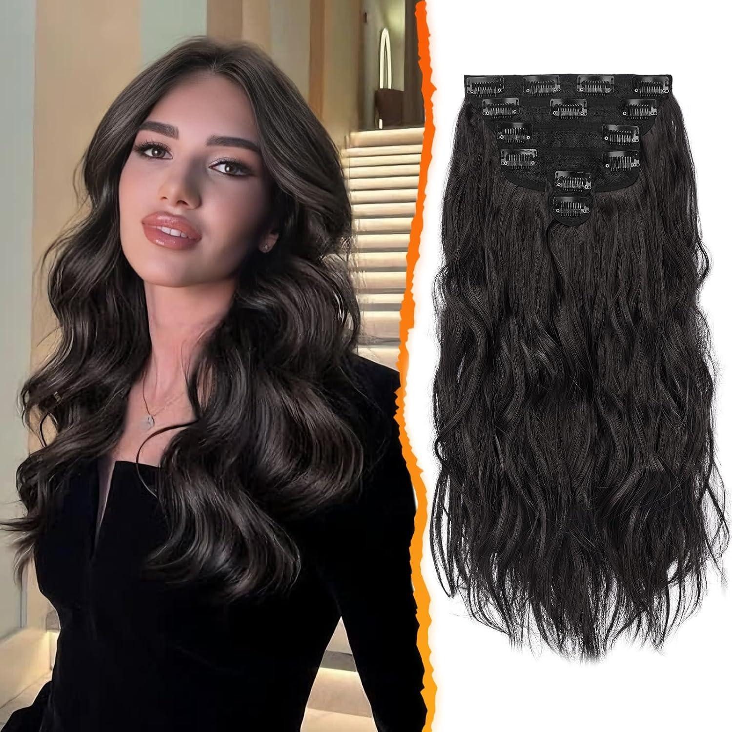 Kunsthaar-Extension Clip in Extensions Schwarz Braun 40CM Wellige Haarverlängerungen 6PCs