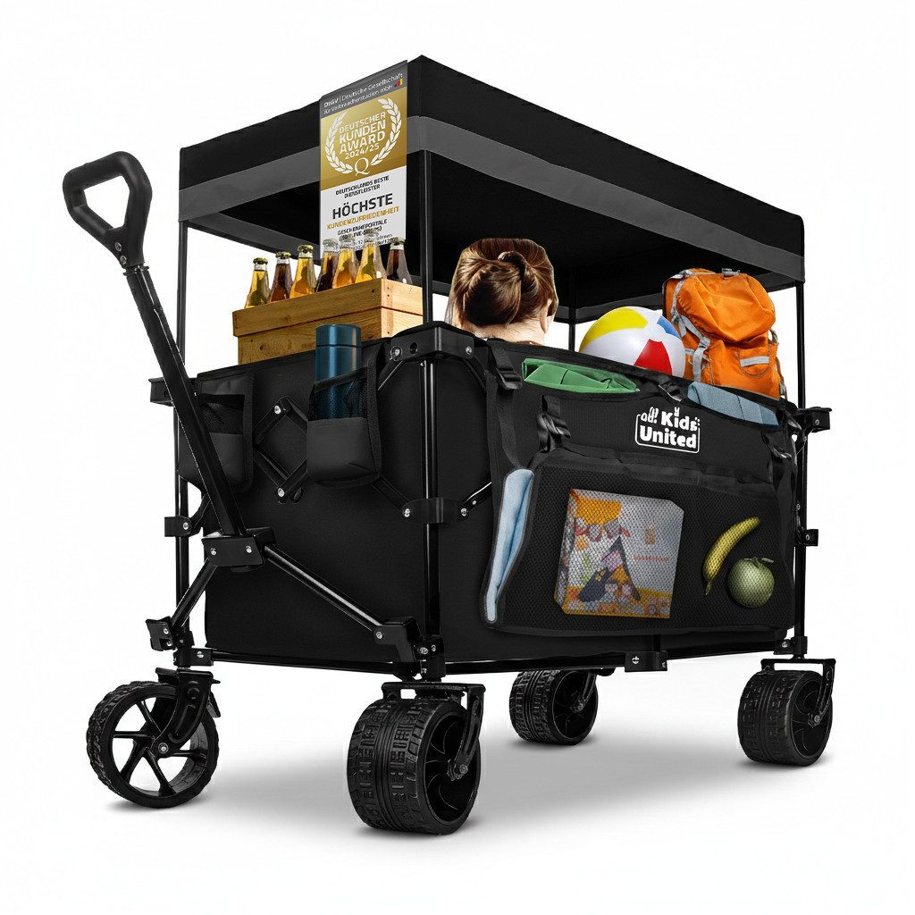 all Kids United Bollerwagen All Kids United Faltbarer Bollerwagen – 90 L, 150 kg, Strand & Garten (Handwagen Transportkarre mit Bremse, Verstellbarer Griff), für Strand, Garten & Outdoor