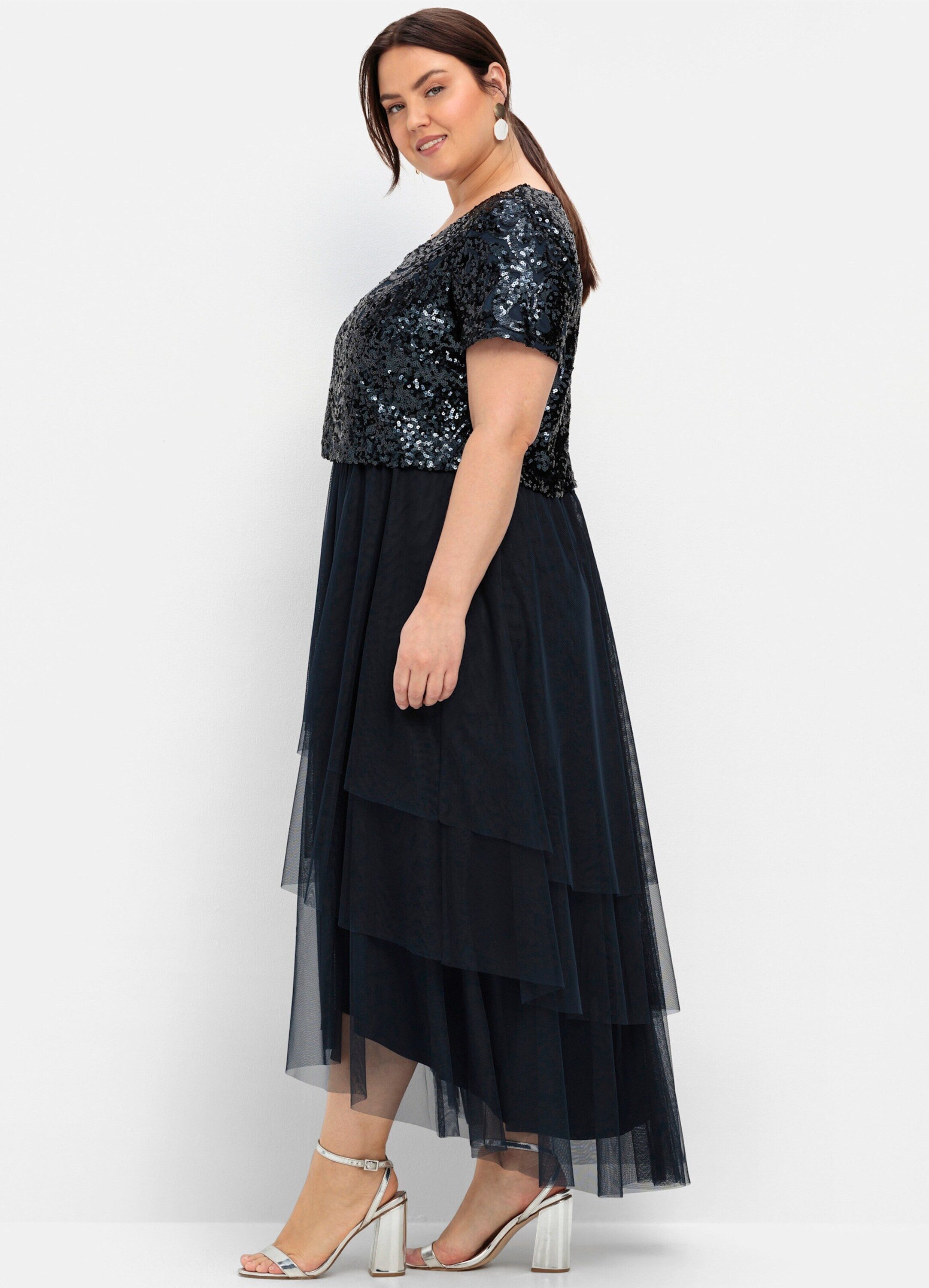 Sheego Etuikleid Abendkleid Kurzarm mit lose fallendem Paillettenoberteil – Bild 3 von 5