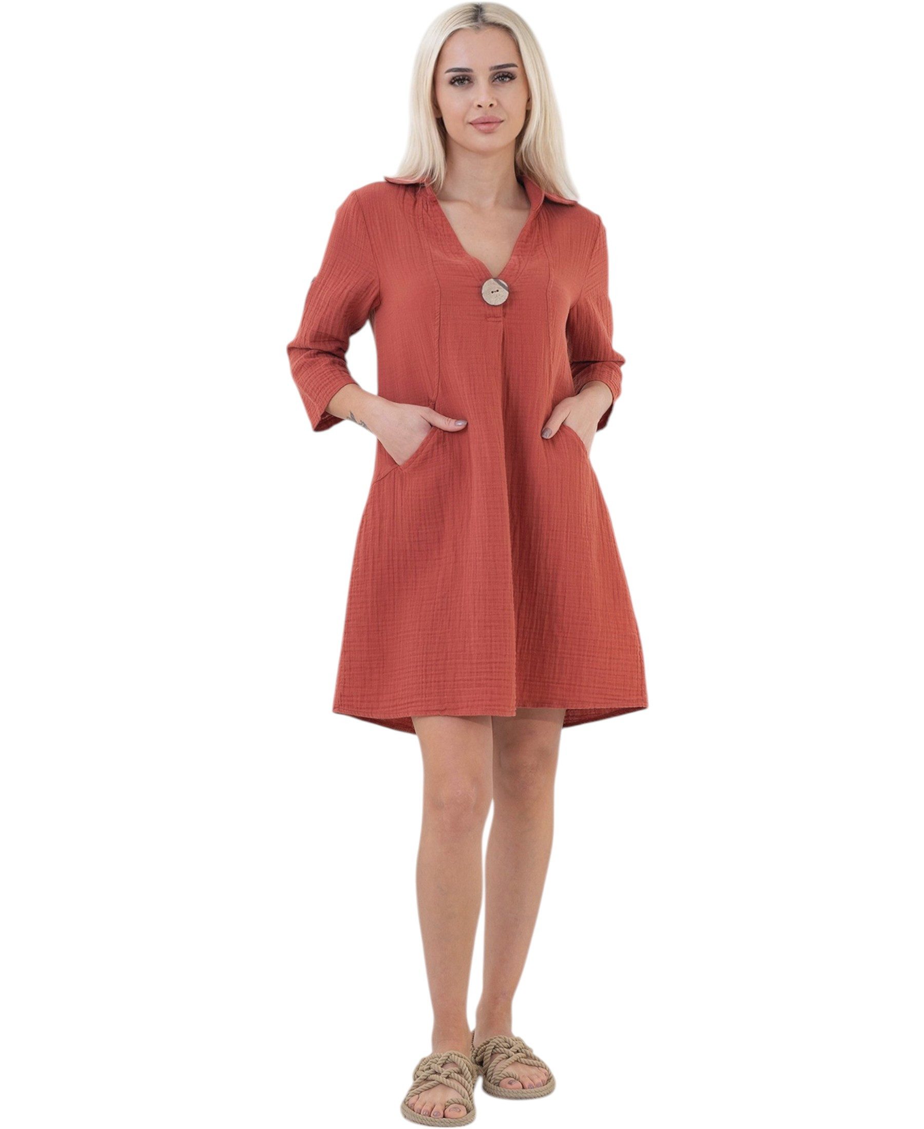 WENOR Tunikakleid Damen Musselin Bluse Sommerkleid V-Ausschnitt