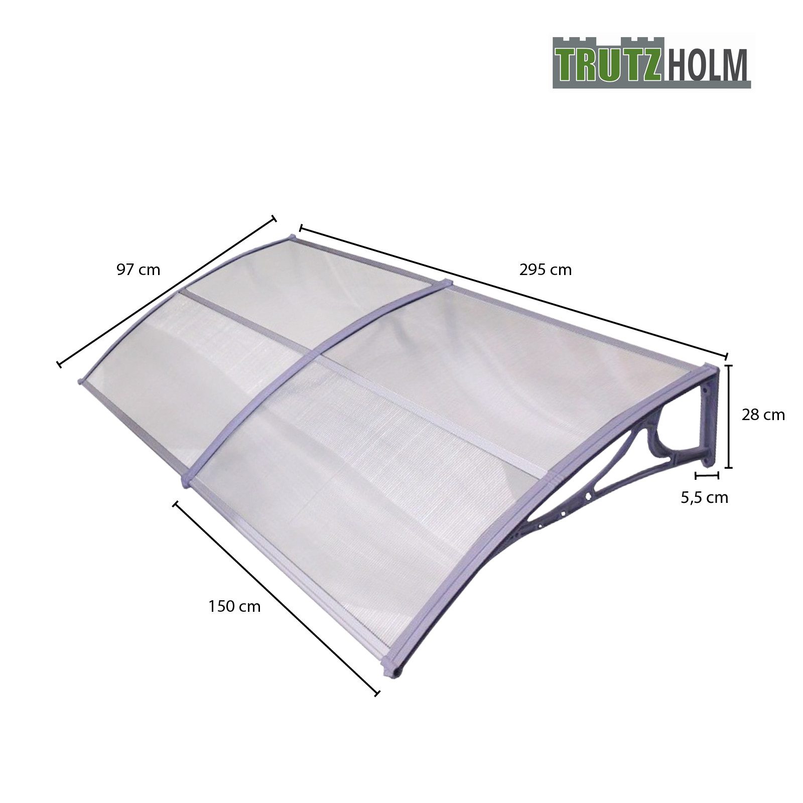 TRUTZHOLM Vordach Haustürvordach 295 x 97 cm Hohlkammerplatte Aluabschlussleiste grau (1 St)